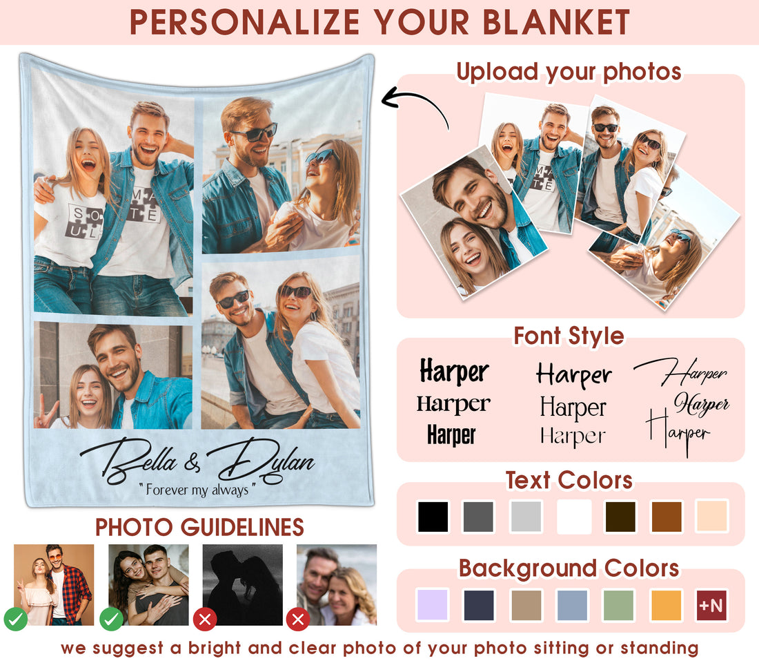 Custom Photo Blanket With Text Picture Collage For Couple Girlfriend Boyfriend Husband Wife, Customized Sherpa Fleece Collage Blanket Gift For Christmas Thanksgiving Wedding Anniversary With 4 Photos
