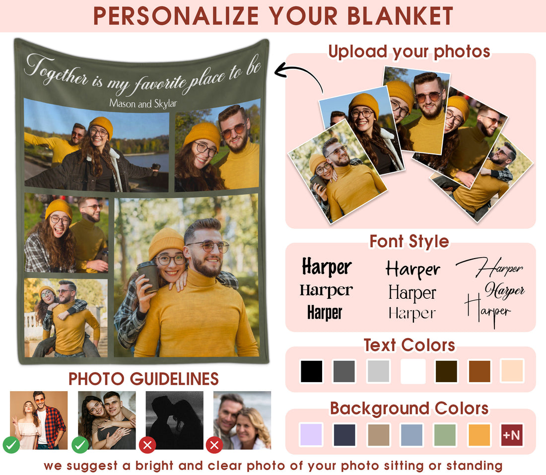 Custom Photo Blanket With Text Picture Collage For Couple Girlfriend Boyfriend Husband Wife, Customized Sherpa Fleece Collage Blanket Gift For Christmas Thanksgiving Wedding Anniversary With 5 Photos