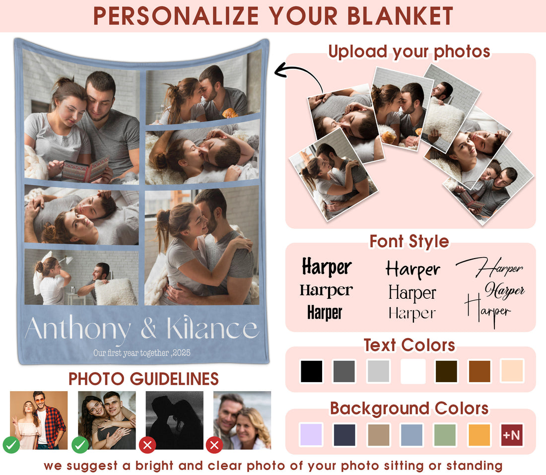 Custom Photo Blanket With Text Picture Collage For Couple Girlfriend Boyfriend Husband Wife, Customized Sherpa Fleece Collage Blanket Gift For Christmas Thanksgiving Wedding Anniversary With 6 Photos