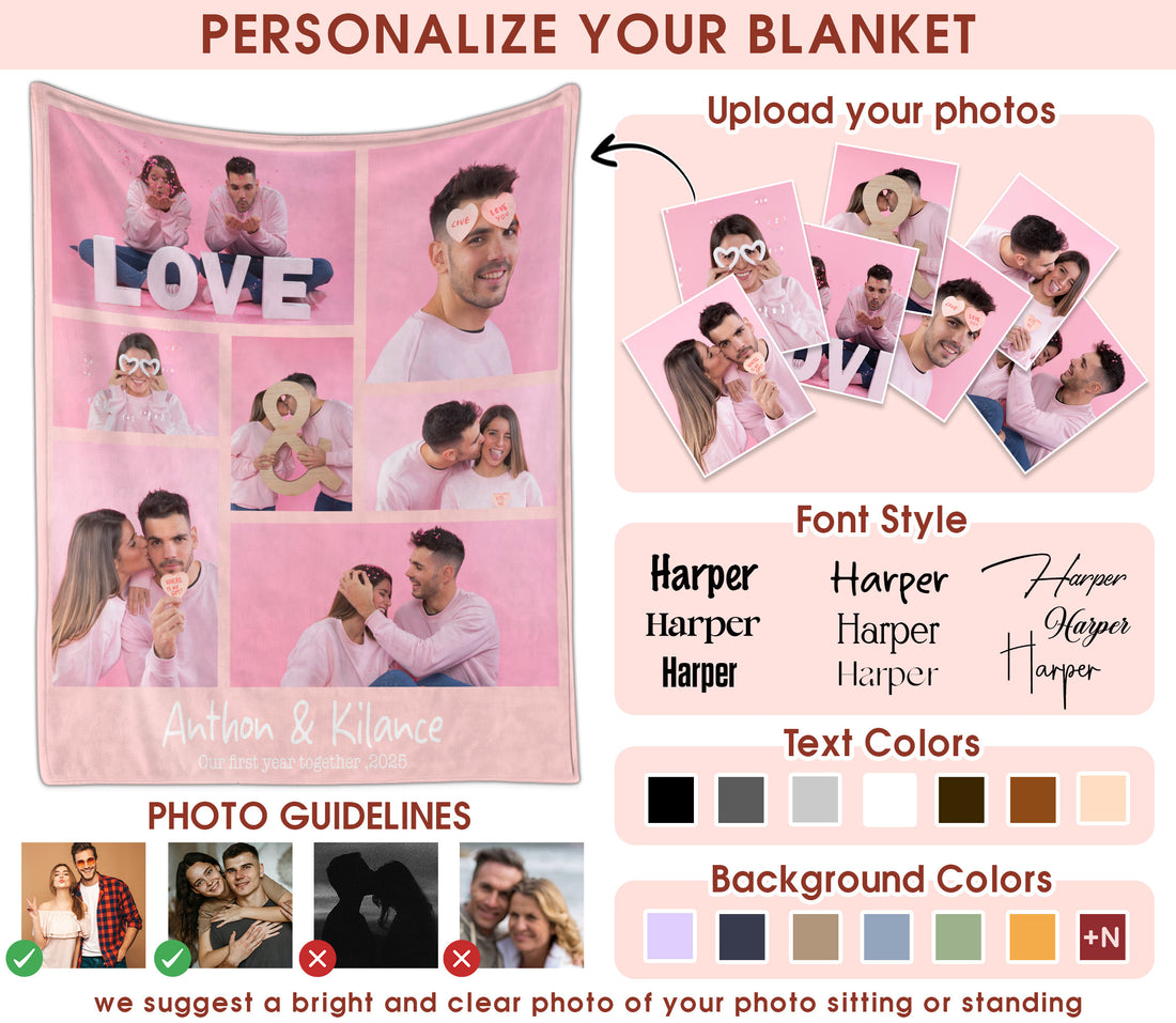 Custom Photo Blanket With Text Picture Collage For Couple Girlfriend Boyfriend Husband Wife, Customized Sherpa Fleece Collage Blanket Gift For Christmas Thanksgiving Wedding Anniversary With 7 Photos