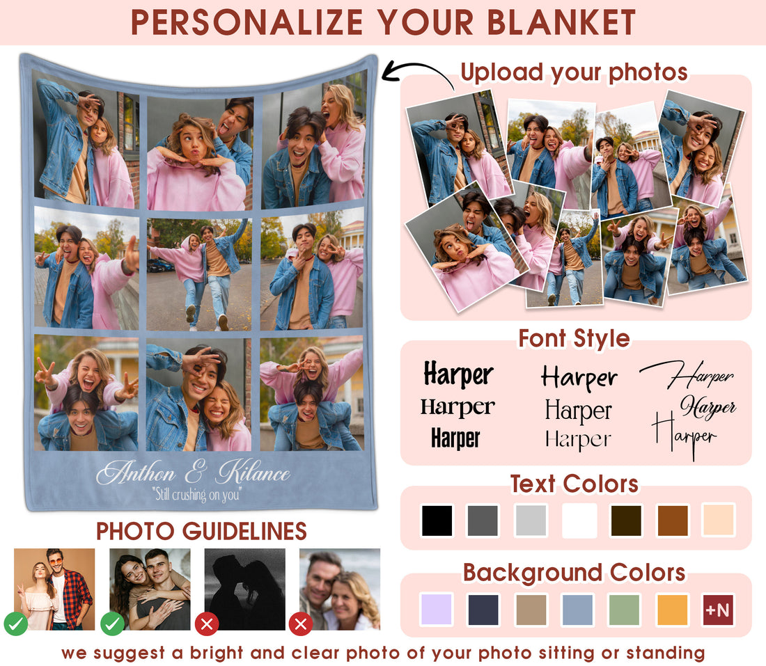Custom Photo Blanket With Text Picture Collage For Couple Girlfriend Boyfriend Husband Wife, Customized Sherpa Fleece Collage Blanket Gift For Christmas Thanksgiving Wedding Anniversary With 9 Photos