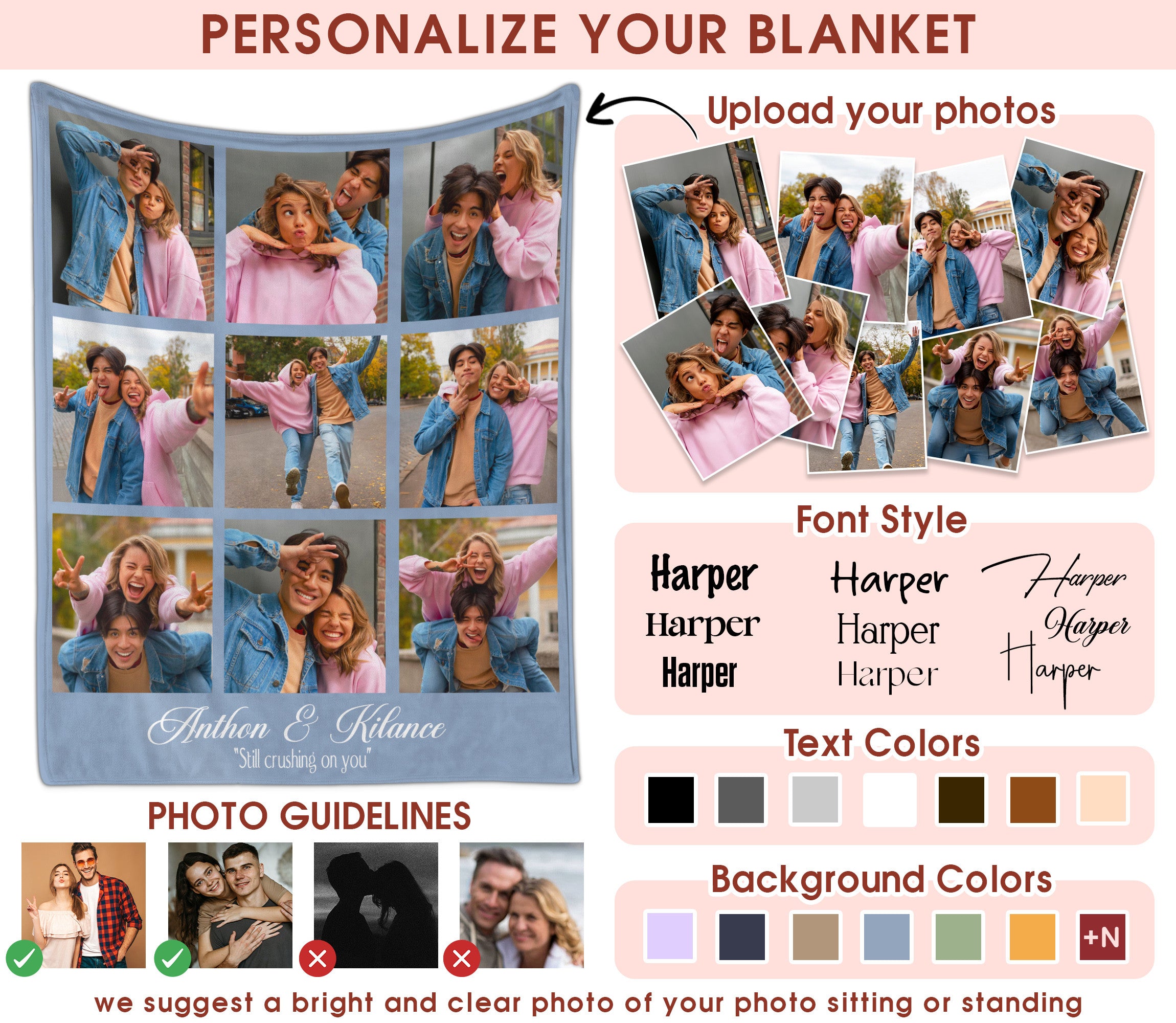 Custom Photo Blanket With Text Picture Collage For Couple Girlfriend Boyfriend Husband Wife, Customized Sherpa Fleece Collage Blanket Gift For Christmas Thanksgiving Wedding Anniversary With 9 Photos