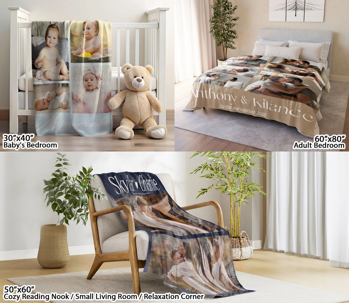 Custom Photo Blanket With Text Picture Collage For Couple Girlfriend Boyfriend Husband Wife, Customized Sherpa Fleece Collage Blanket Gift For Christmas Thanksgiving Wedding Anniversary With 4 Photos