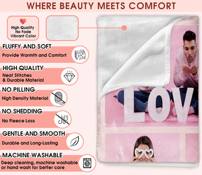 Custom Photo Blanket With Text Picture Collage For Couple Girlfriend Boyfriend Husband Wife, Customized Sherpa Fleece Collage Blanket Gift For Christmas Thanksgiving Wedding Anniversary With 7 Photos