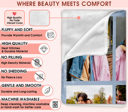 Custom Photo Blanket With Text Picture Collage For Couple Girlfriend Boyfriend Husband Wife, Customized Sherpa Fleece Collage Blanket Gift For Christmas Thanksgiving Wedding Anniversary With 9 Photos