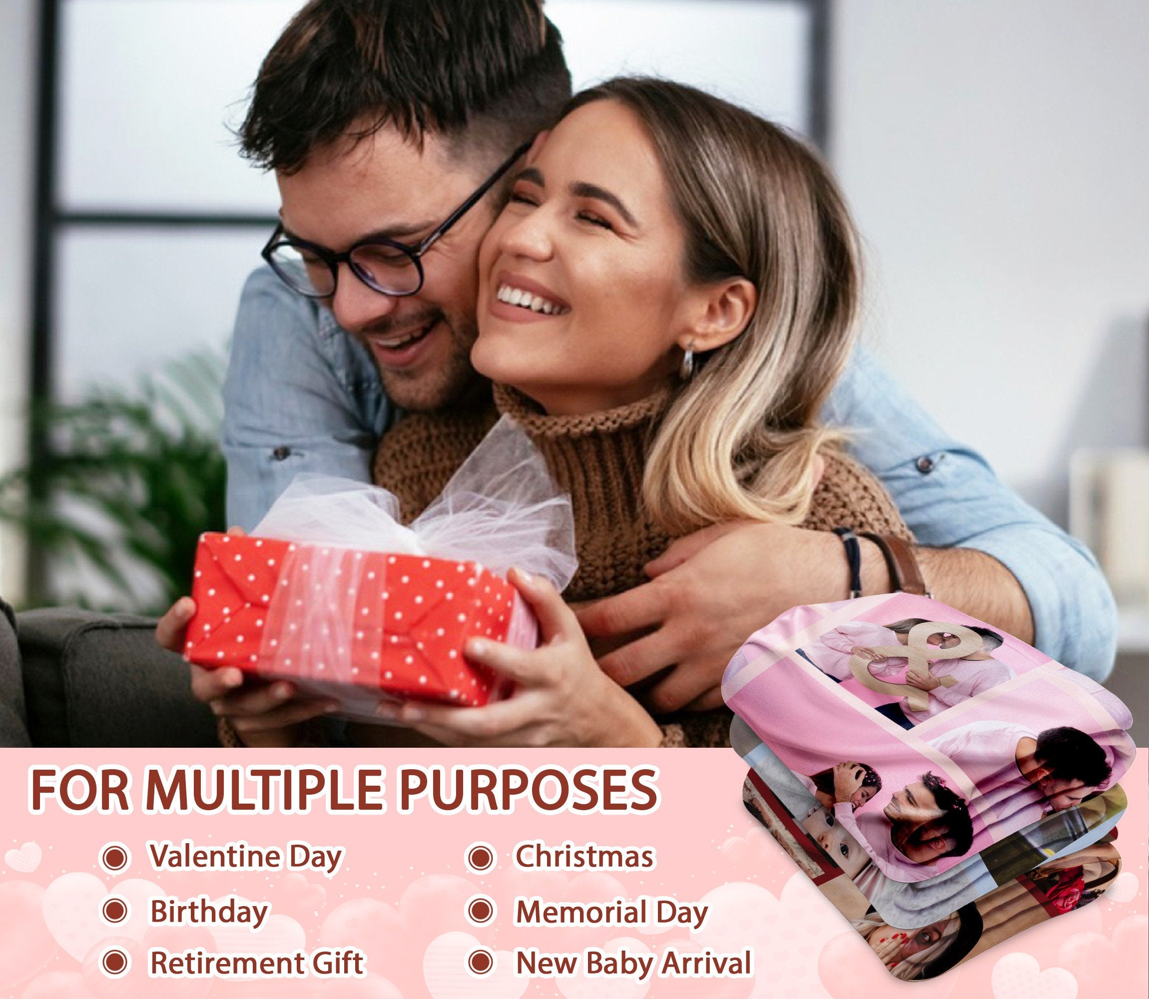 Custom Photo Blanket, Personalized Sherpa Fleece Photo Blanket From Pictures For Girlfriend Boyfriend Couples Husband Wife, Soft Plush Blankets Gift For Anniversary Wedding Engagement Decoration