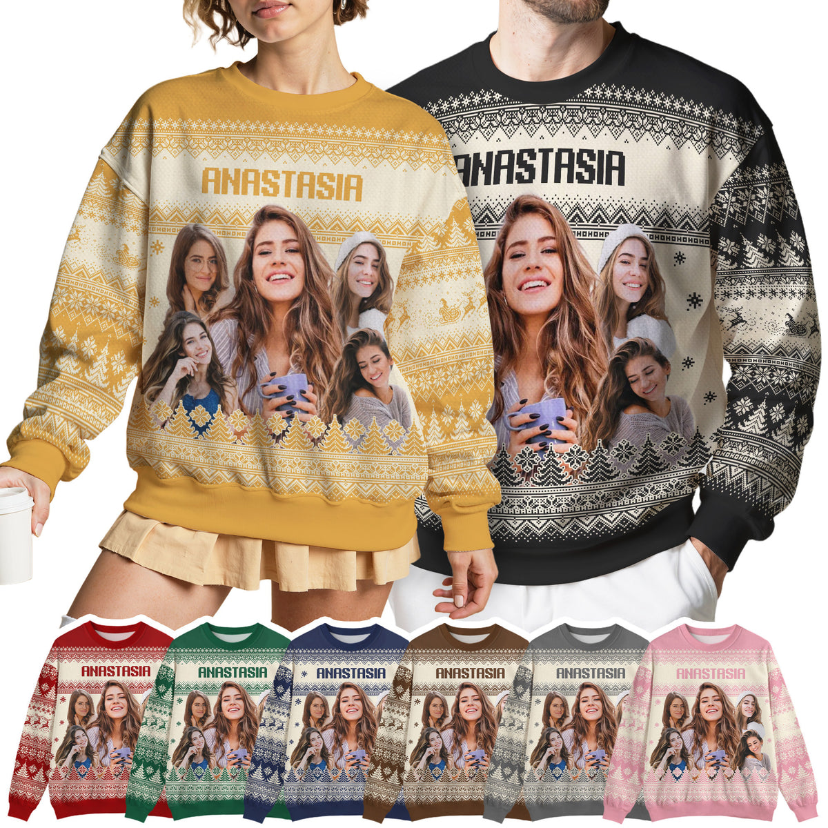 Custom Ugly Christmas Sweater for Men Women Youth Kid, Personalized Christmas Sweater with Photo Picture Face, Custom Ugly Sweatshirt for Dad Mom Boyfriend Girlfriend for Xmas Thanksgiving Style 4