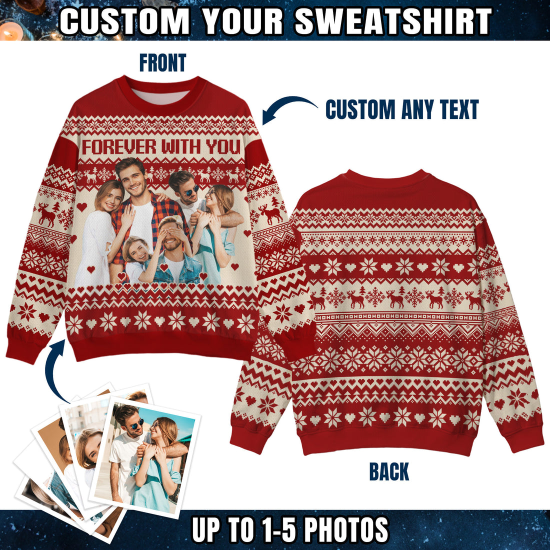Custom Ugly Christmas Sweater with Photo for Men Women Youth Kid, Matching Ugly Christmas Sweatshirt Family Couples