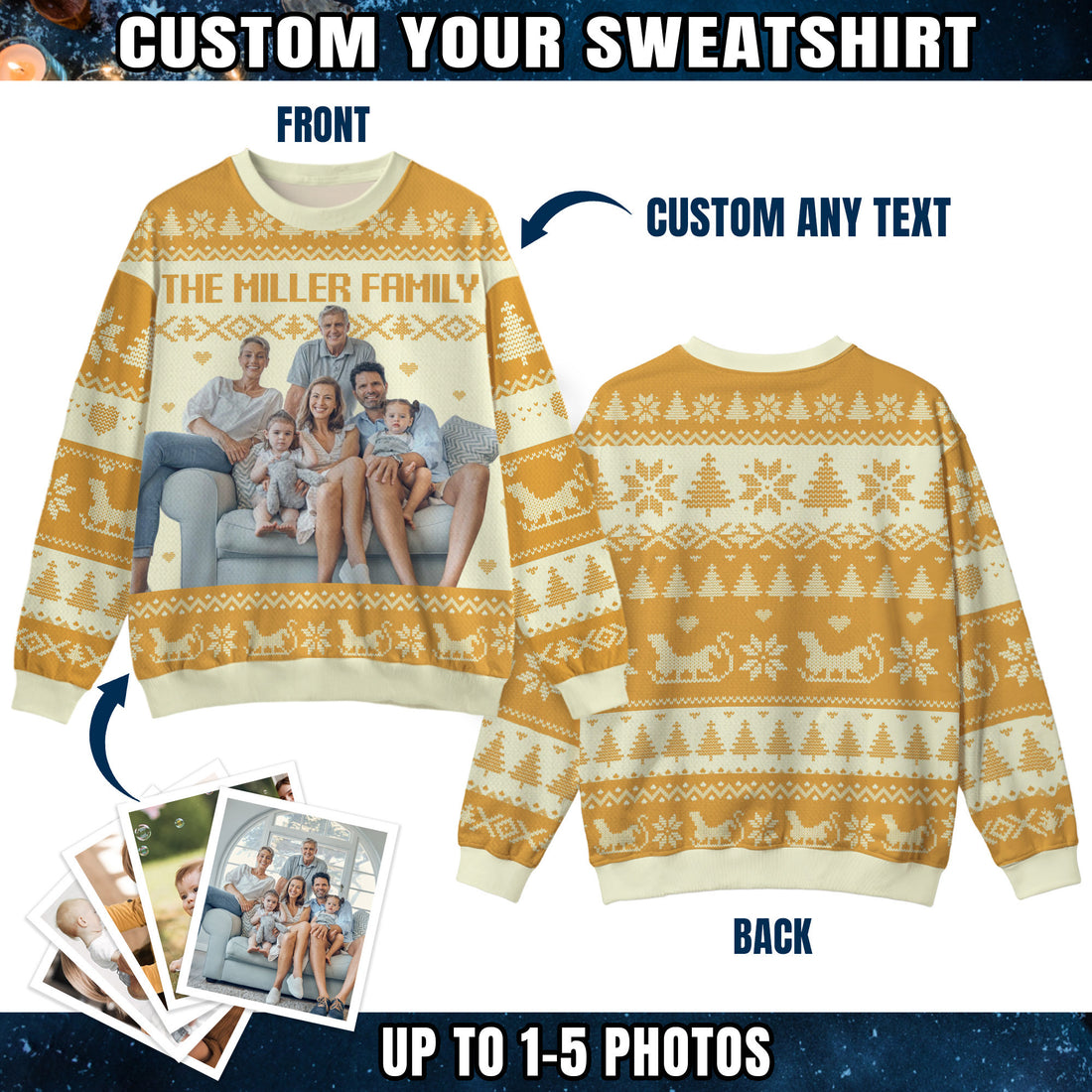 Custom Ugly Christmas Sweater for Men Women Youth Kid, Personalized Christmas Sweater with Photo Picture Face, Custom Ugly Sweatshirt for Dad Mom Boyfriend Girlfriend for Xmas Thanksgiving Style 2