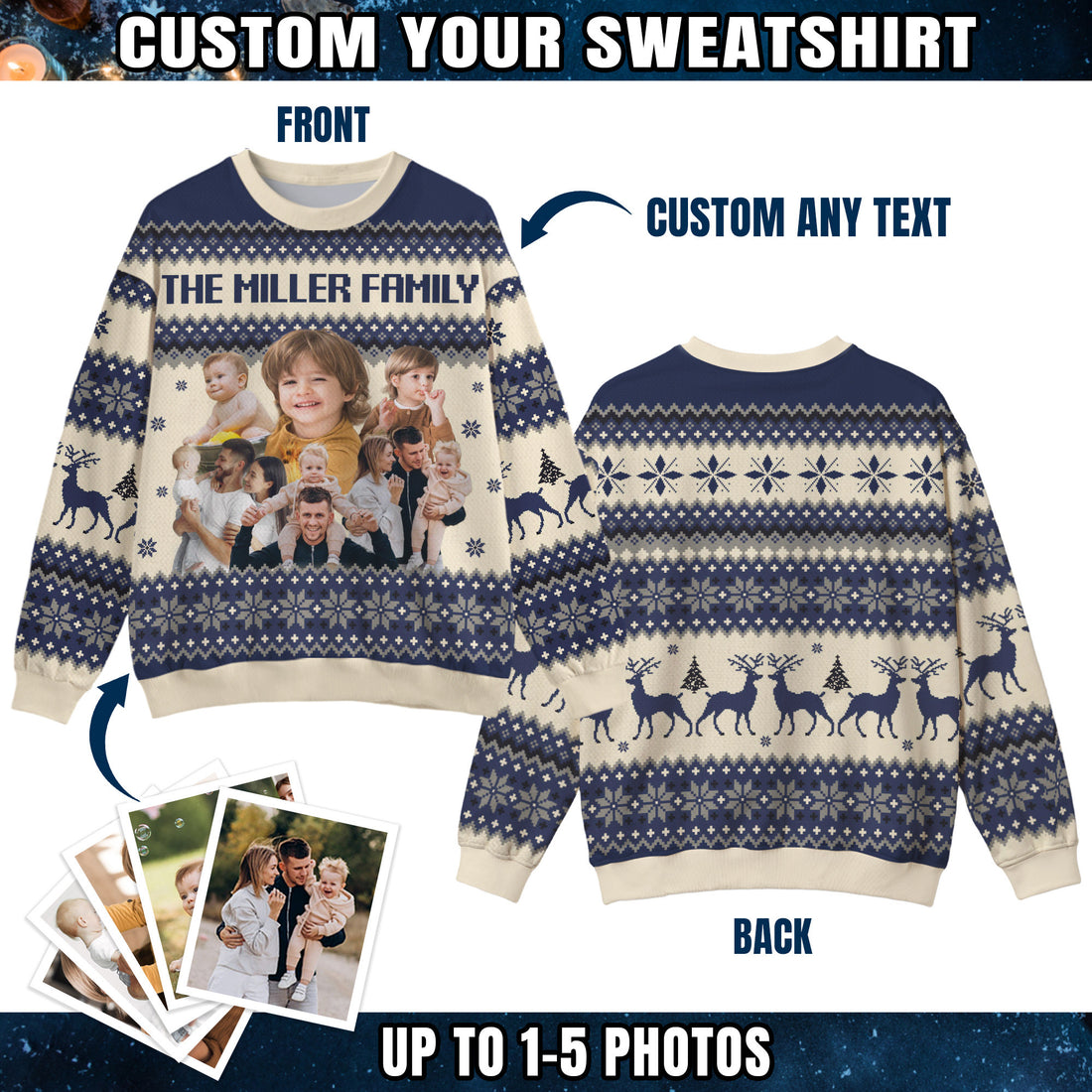 Custom Ugly Christmas Sweater for Men Women Youth Kid, Personalized Christmas Sweater with Photo Picture Face, Custom Ugly Sweatshirt for Dad Mom Boyfriend Girlfriend for Xmas Thanksgiving Style 3