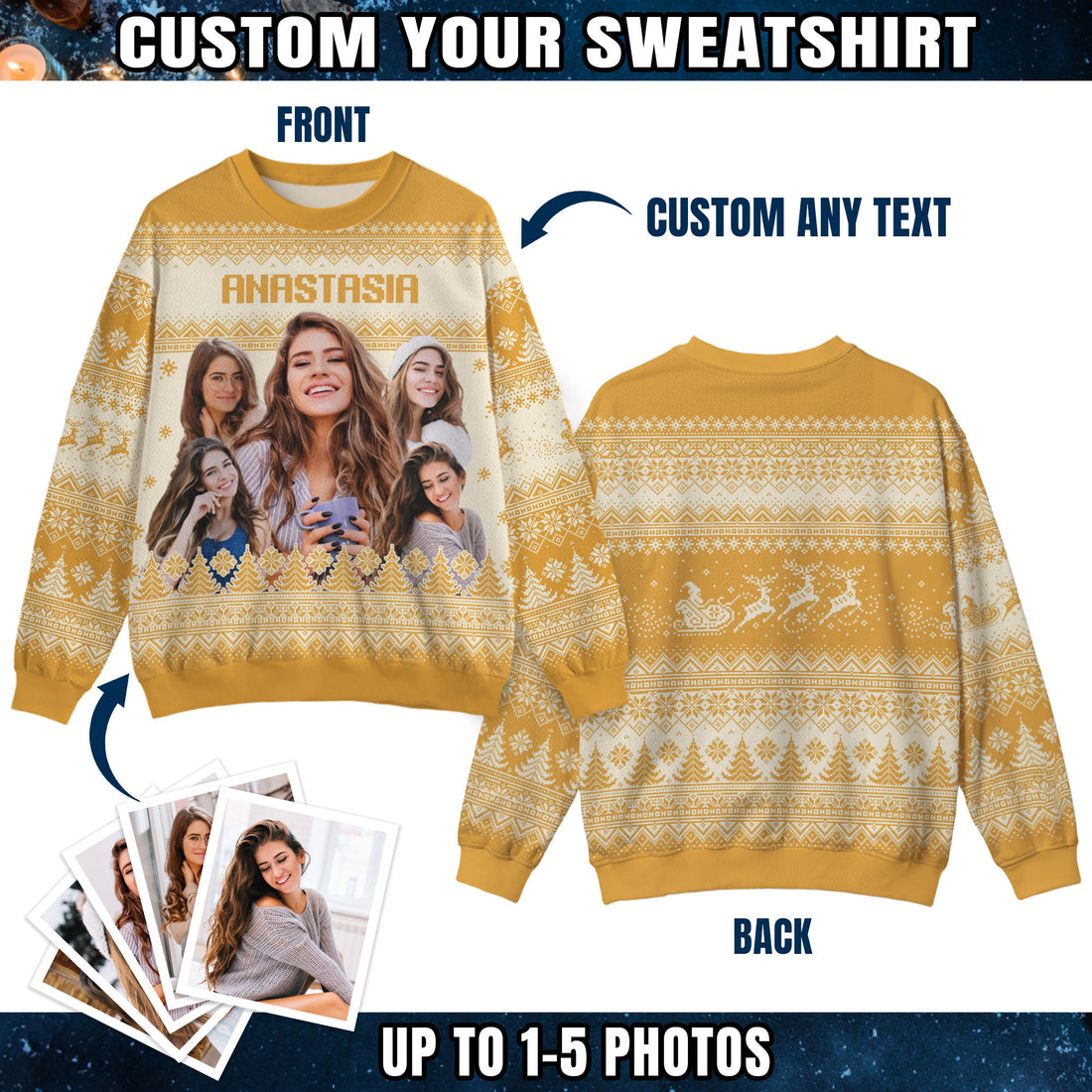 Custom Ugly Christmas Sweater for Men Women Youth Kid, Personalized Christmas Sweater with Photo Picture Face, Custom Ugly Sweatshirt for Dad Mom Boyfriend Girlfriend for Xmas Thanksgiving Style 4