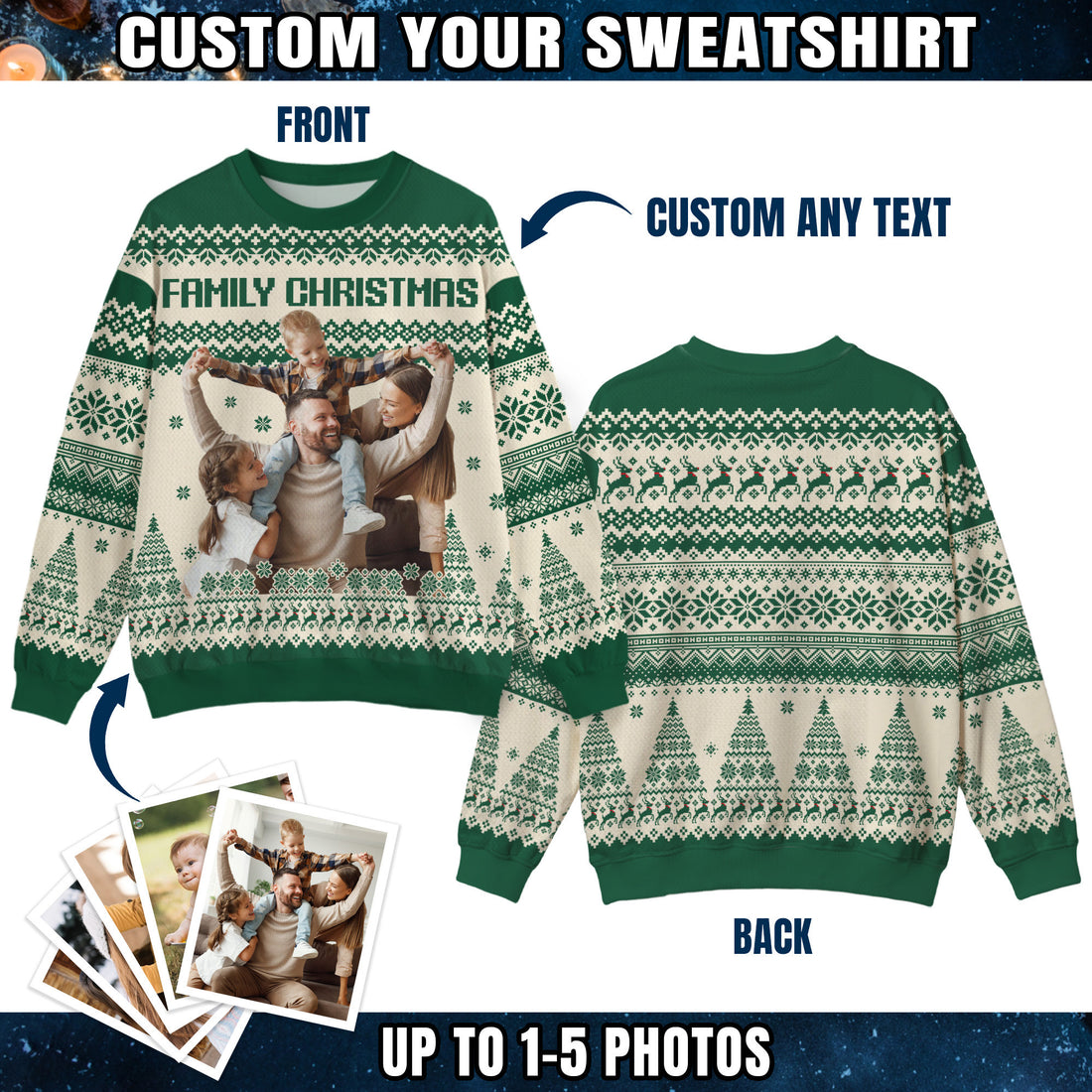 Custom Ugly Christmas Sweater for Men Women Youth Kid, Personalized Christmas Sweater with Photo Picture Face, Custom Ugly Sweatshirt for Dad Mom Boyfriend Girlfriend for Xmas Thanksgiving Style 5