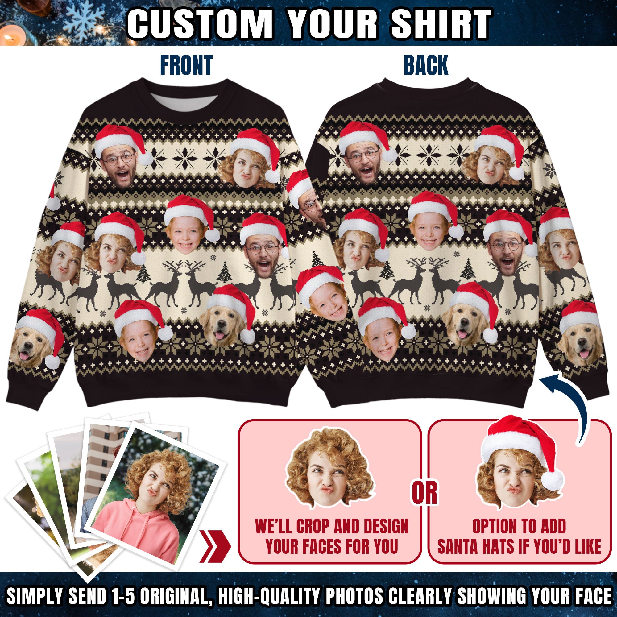 Custom Ugly Christmas Sweater for Men Women Couples Boyfriend Girlfriend Family Dad Mom, Custom Ugly Christmas Sweater with Face Photo, Personalized Sweatshirt with Picture Funny Xmas Gift ST1