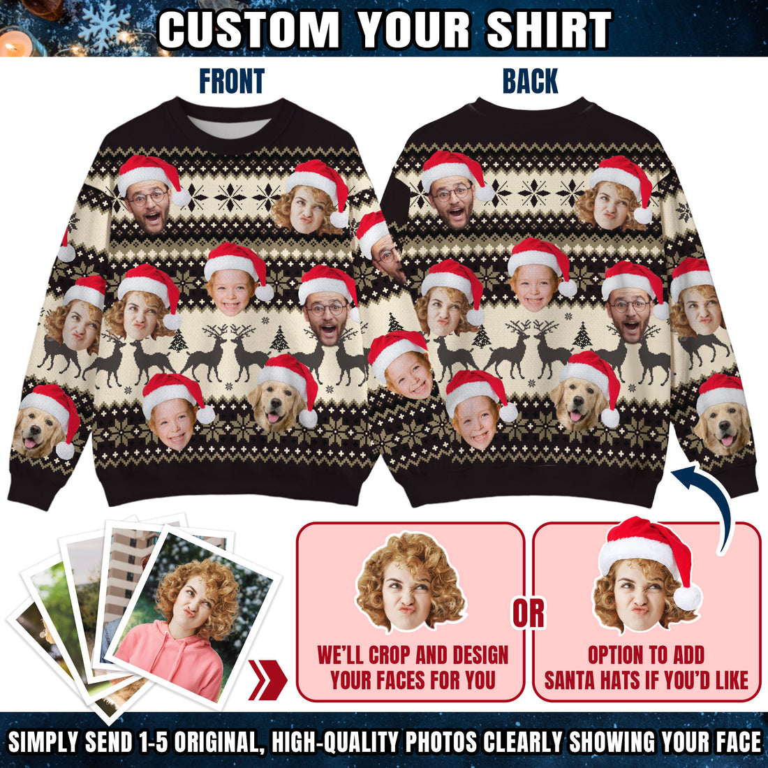 Custom Ugly Christmas Sweater for Men Women Couples Boyfriend Girlfriend Family Dad Mom, Custom Ugly Christmas Sweater with Face Photo, Personalized Sweatshirt with Picture Funny Xmas Gift ST29