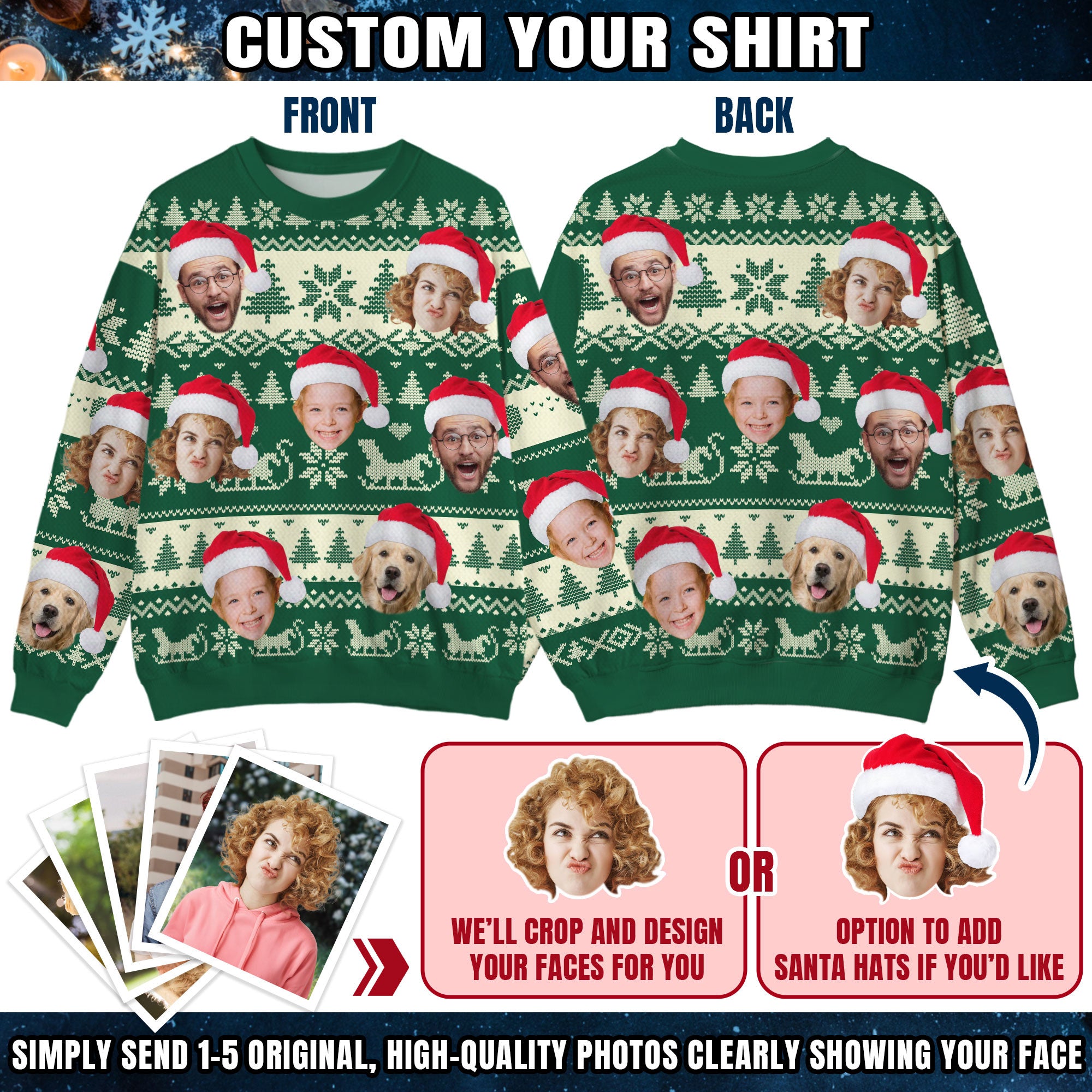 Custom Ugly Christmas Sweater for Men Women Couples Boyfriend Girlfriend Family Dad Mom, Custom Ugly Christmas Sweater with Face Photo, Personalized Sweatshirt with Picture Funny Xmas Gift ST2