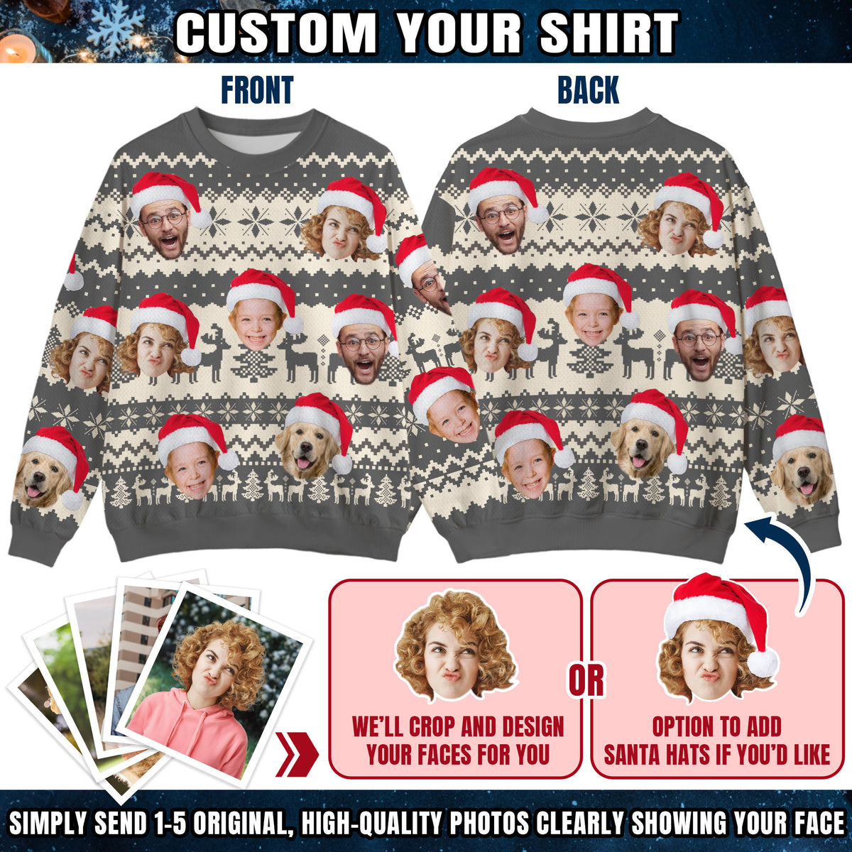 Custom Ugly Christmas Sweater for Men Women Couples Boyfriend Girlfriend Family Dad Mom, Custom Ugly Christmas Sweater with Face Photo, Personalized Sweatshirt with Picture Funny Xmas Gift ST3