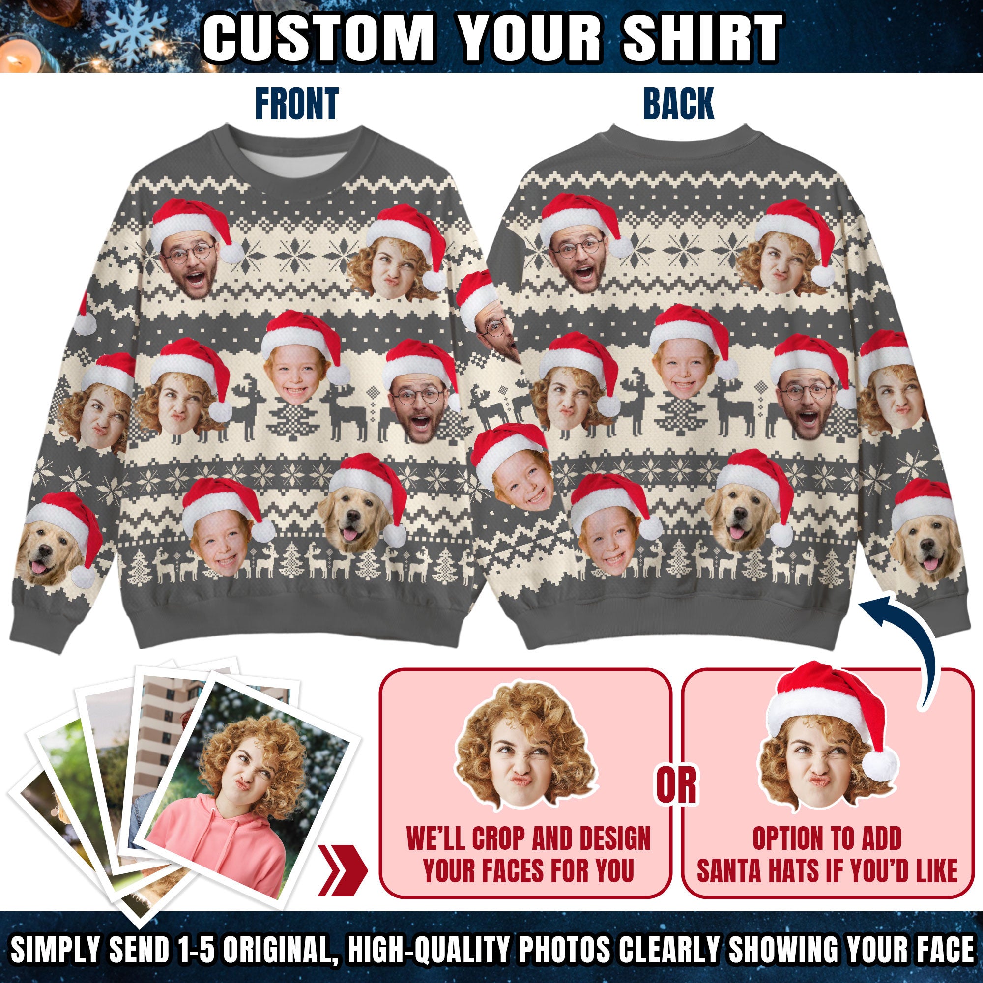 Custom Ugly Christmas Sweater for Men Women Couples Boyfriend Girlfriend Family Dad Mom, Custom Ugly Christmas Sweater with Face Photo, Personalized Sweatshirt with Picture Funny Xmas Gift ST3