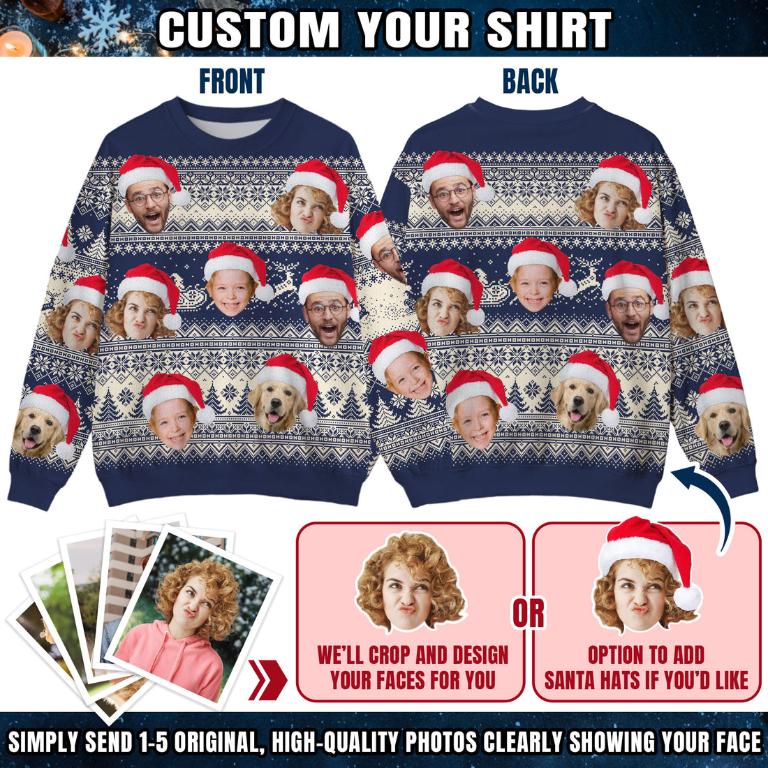 Custom Ugly Christmas Sweater for Men Women Couples Boyfriend Girlfriend Family Dad Mom, Custom Ugly Christmas Sweater with Face Photo, Personalized Sweatshirt with Picture Funny Xmas Gift ST4
