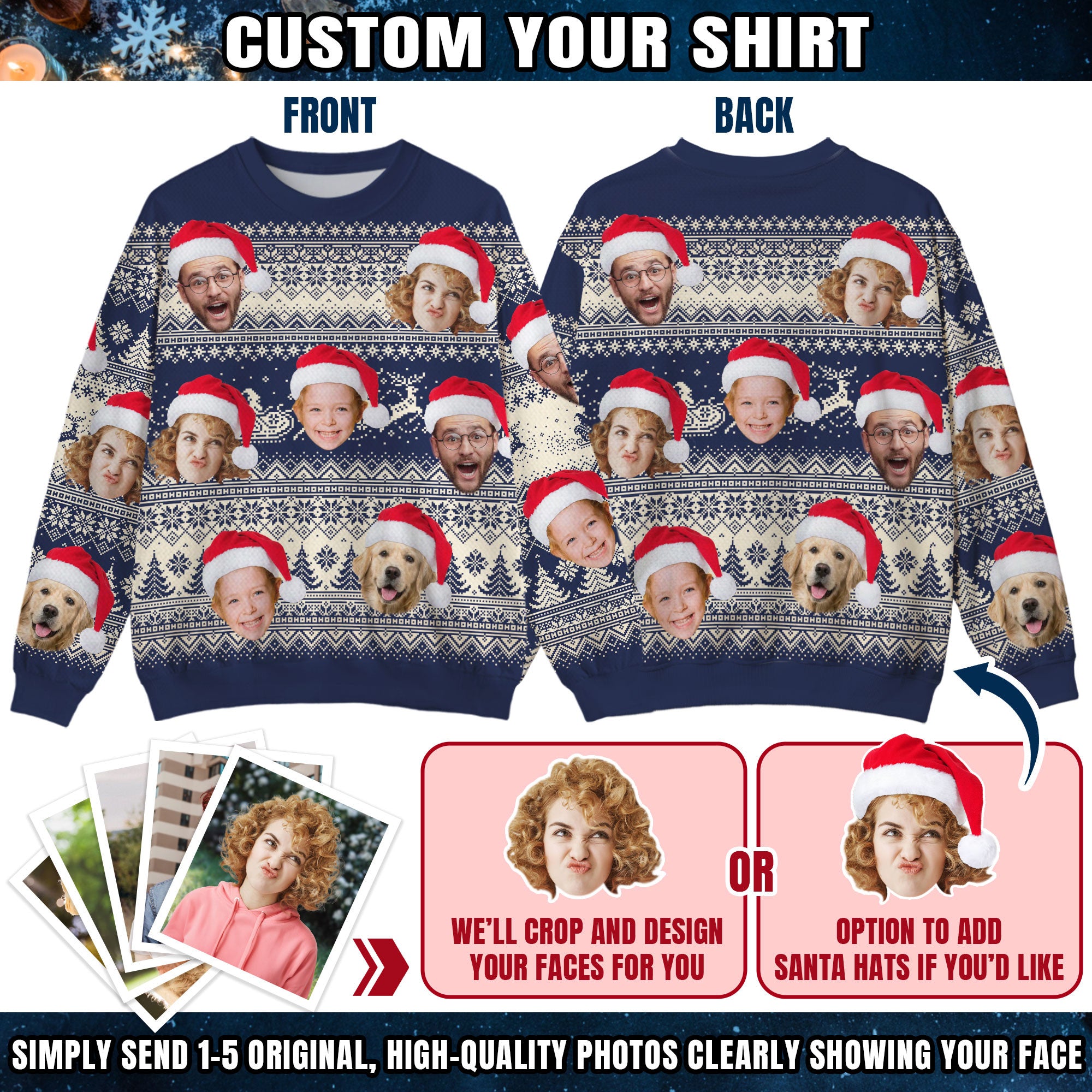 Custom Ugly Christmas Sweater for Men Women Couples Boyfriend Girlfriend Family Dad Mom, Custom Ugly Christmas Sweater with Face Photo, Personalized Sweatshirt with Picture Funny Xmas Gift ST4