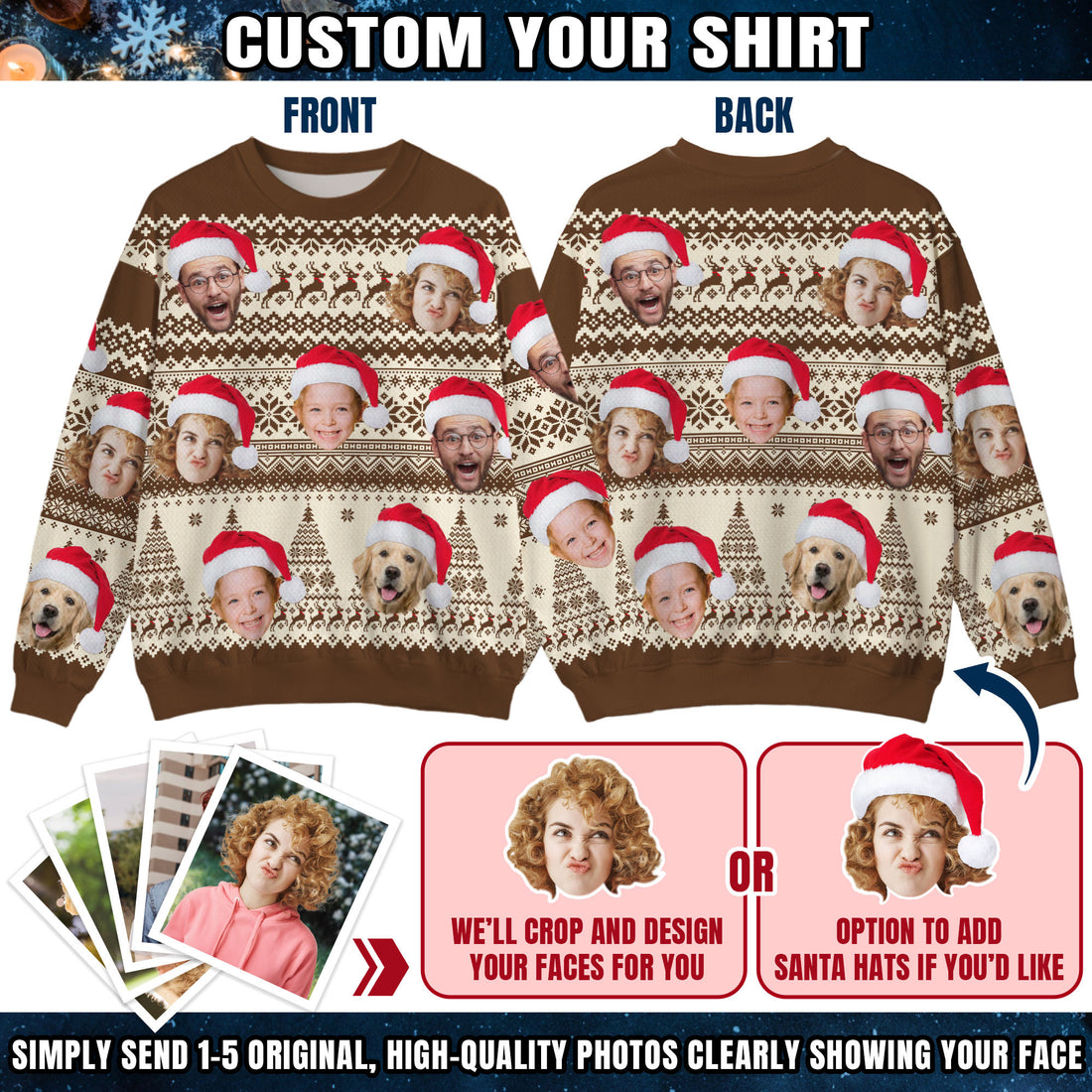 Custom Ugly Christmas Sweater for Men Women Couples Boyfriend Girlfriend Family Dad Mom, Custom Ugly Christmas Sweater with Face Photo, Personalized Sweatshirt with Picture Funny Xmas Gift ST5