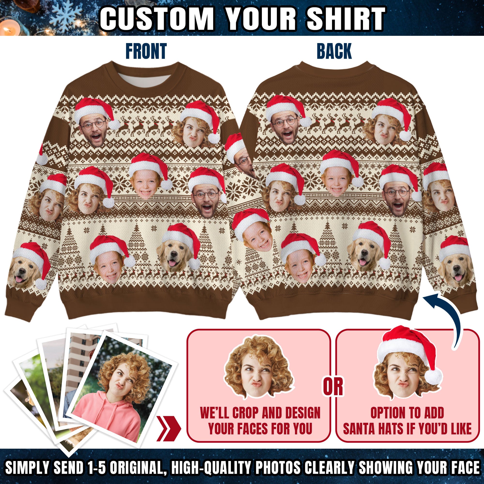Custom Ugly Christmas Sweater for Men Women Couples Boyfriend Girlfriend Family Dad Mom, Custom Ugly Christmas Sweater with Face Photo, Personalized Sweatshirt with Picture Funny Xmas Gift ST5