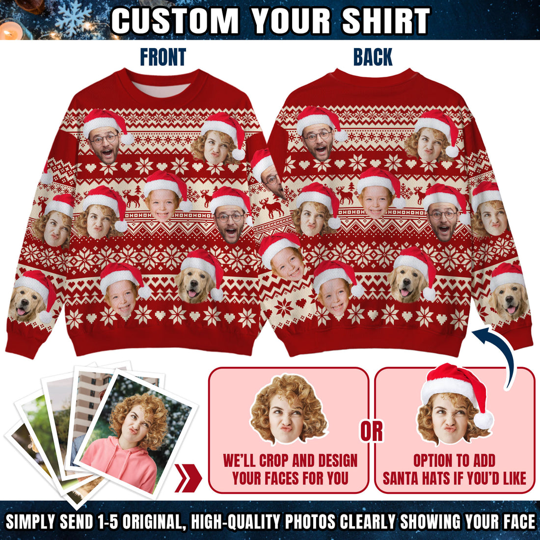 Custom Ugly Christmas Sweater for Men Women Couples Boyfriend Girlfriend Family Dad Mom, Custom Ugly Christmas Sweater with Face Photo, Personalized Sweatshirt with Picture Funny Xmas Gift ST6