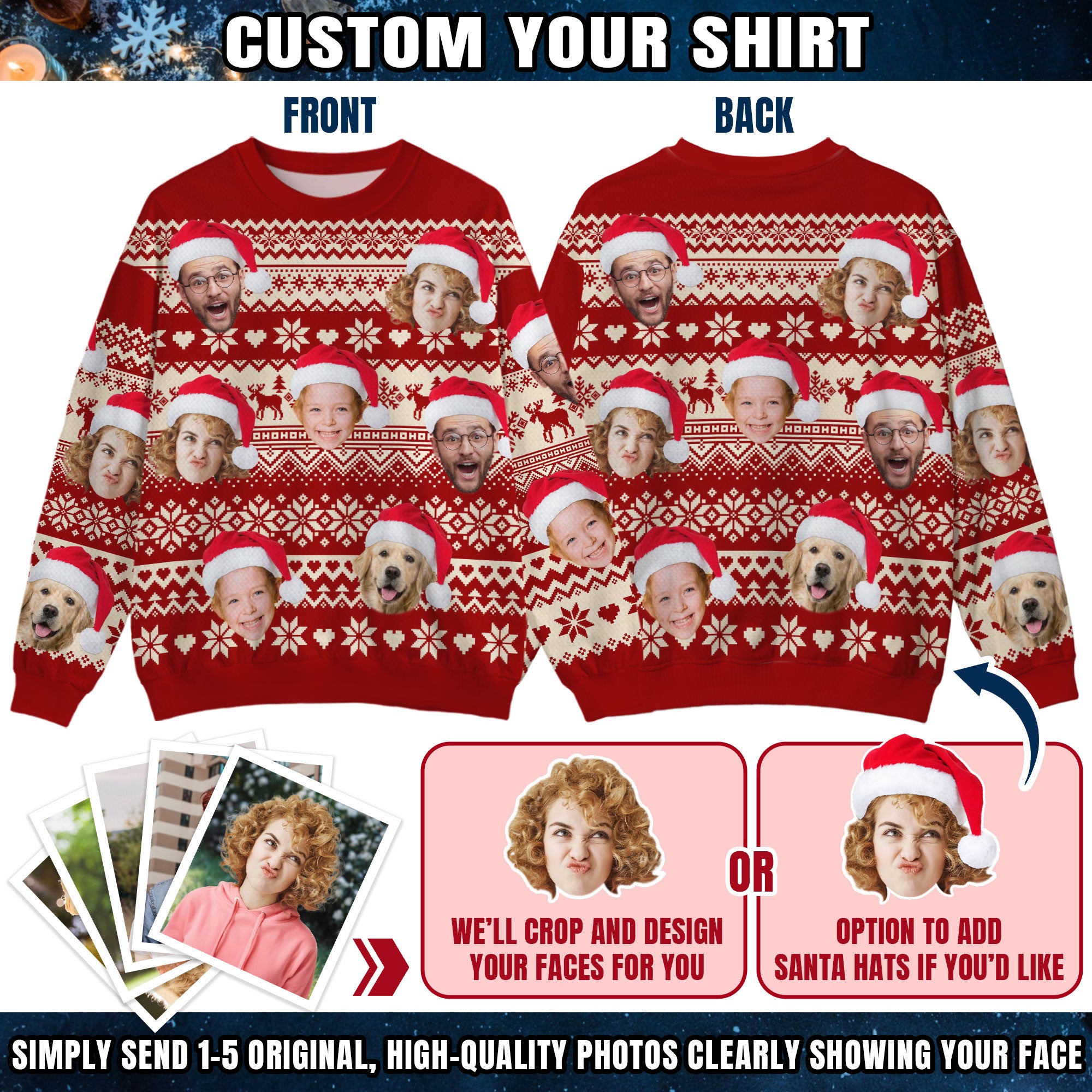 Custom Ugly Christmas Sweater for Men Women Couples Boyfriend Girlfriend Family Dad Mom, Custom Ugly Christmas Sweater with Face Photo, Personalized Sweatshirt with Picture Funny Xmas Gift ST6