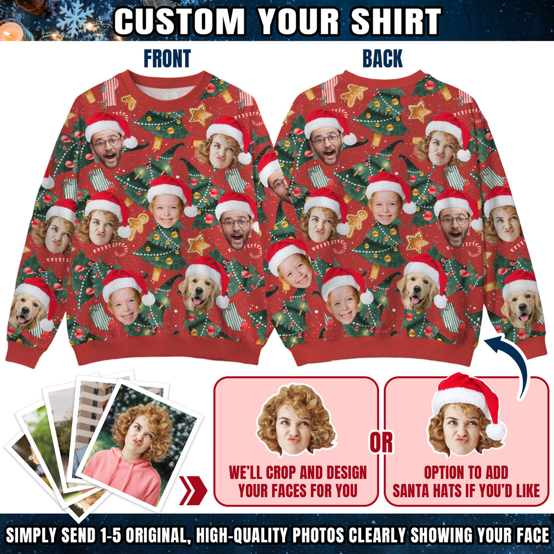 Custom Ugly Christmas Sweater for Men Women Couples Boyfriend Girlfriend Family Dad Mom, Custom Ugly Christmas Sweater with Face Photo, Personalized Sweatshirt with Picture Funny Xmas Gift ST8