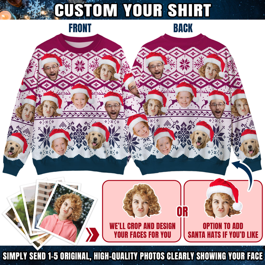 Custom Ugly Christmas Sweater for Men Women Couples Boyfriend Girlfriend Family Dad Mom, Custom Ugly Christmas Sweater with Face Photo, Personalized Sweatshirt with Picture Funny Xmas Gift ST9