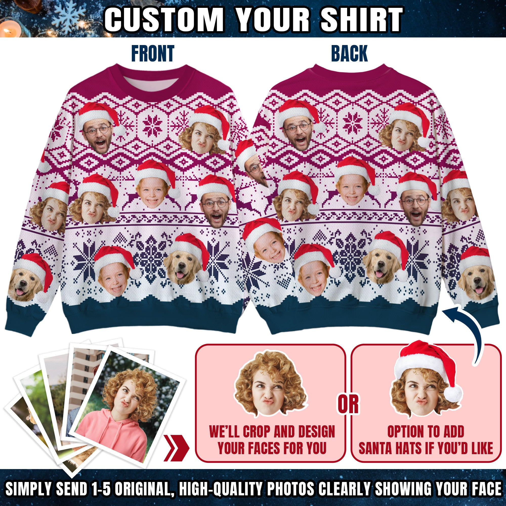 Custom Ugly Christmas Sweater for Men Women Couples Boyfriend Girlfriend Family Dad Mom, Custom Ugly Christmas Sweater with Face Photo, Personalized Sweatshirt with Picture Funny Xmas Gift ST9