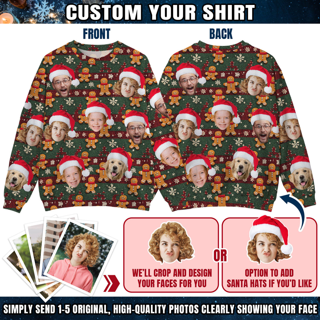Custom Ugly Christmas Sweater for Men Women Couples Boyfriend Girlfriend Family Dad Mom, Custom Ugly Christmas Sweater with Face Photo, Personalized Sweatshirt with Picture Funny Xmas Gift ST11