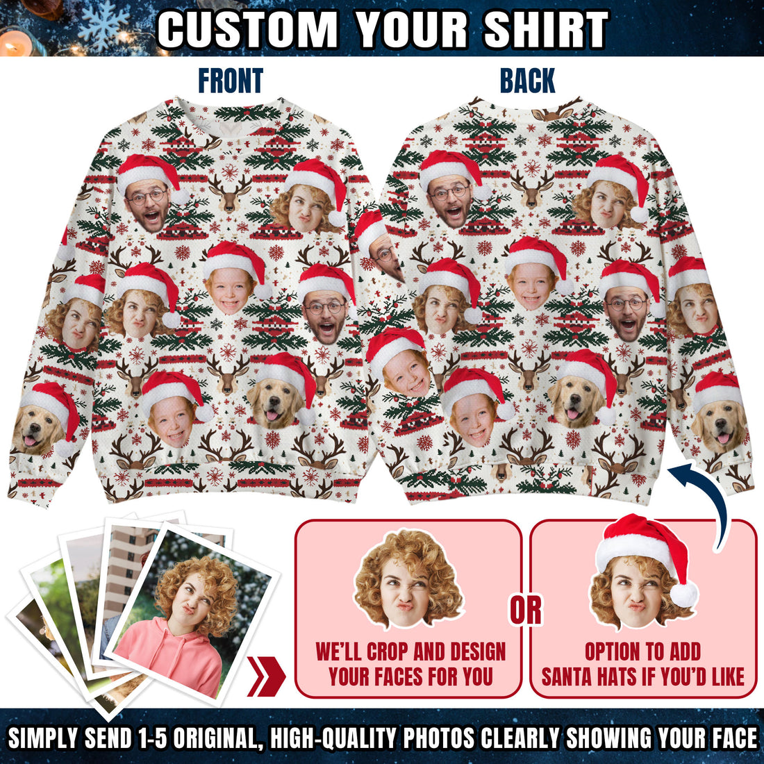 Custom Ugly Christmas Sweater for Men Women Couples Boyfriend Girlfriend Family Dad Mom, Custom Ugly Christmas Sweater with Face Photo, Personalized Sweatshirt with Picture Funny Xmas Gift ST12