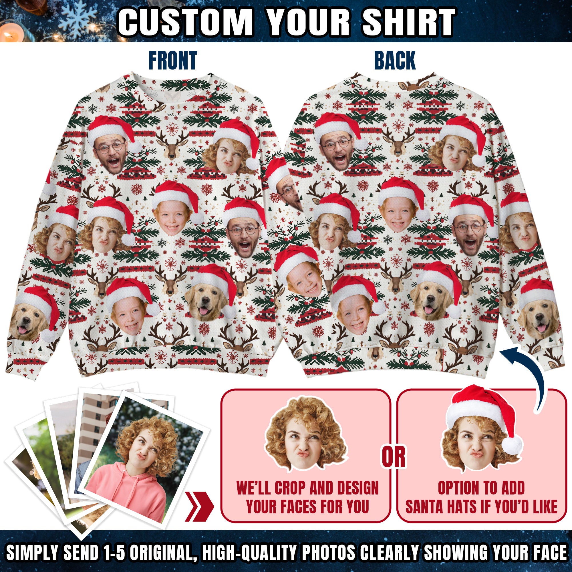 Custom Ugly Christmas Sweater for Men Women Couples Boyfriend Girlfriend Family Dad Mom, Custom Ugly Christmas Sweater with Face Photo, Personalized Sweatshirt with Picture Funny Xmas Gift ST12