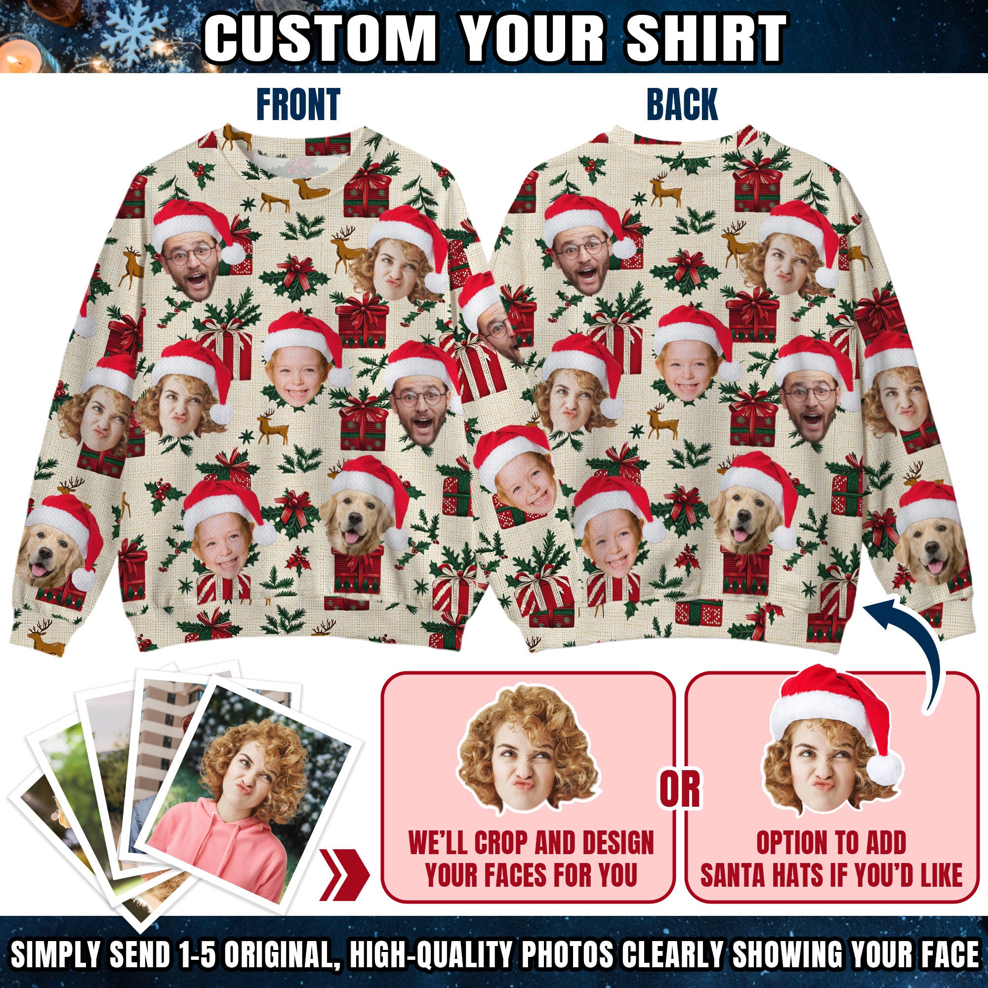 Custom Ugly Christmas Sweater for Men Women Couples Boyfriend Girlfriend Family Dad Mom, Custom Ugly Christmas Sweater with Face Photo, Personalized Sweatshirt with Picture Funny Xmas Gift ST13