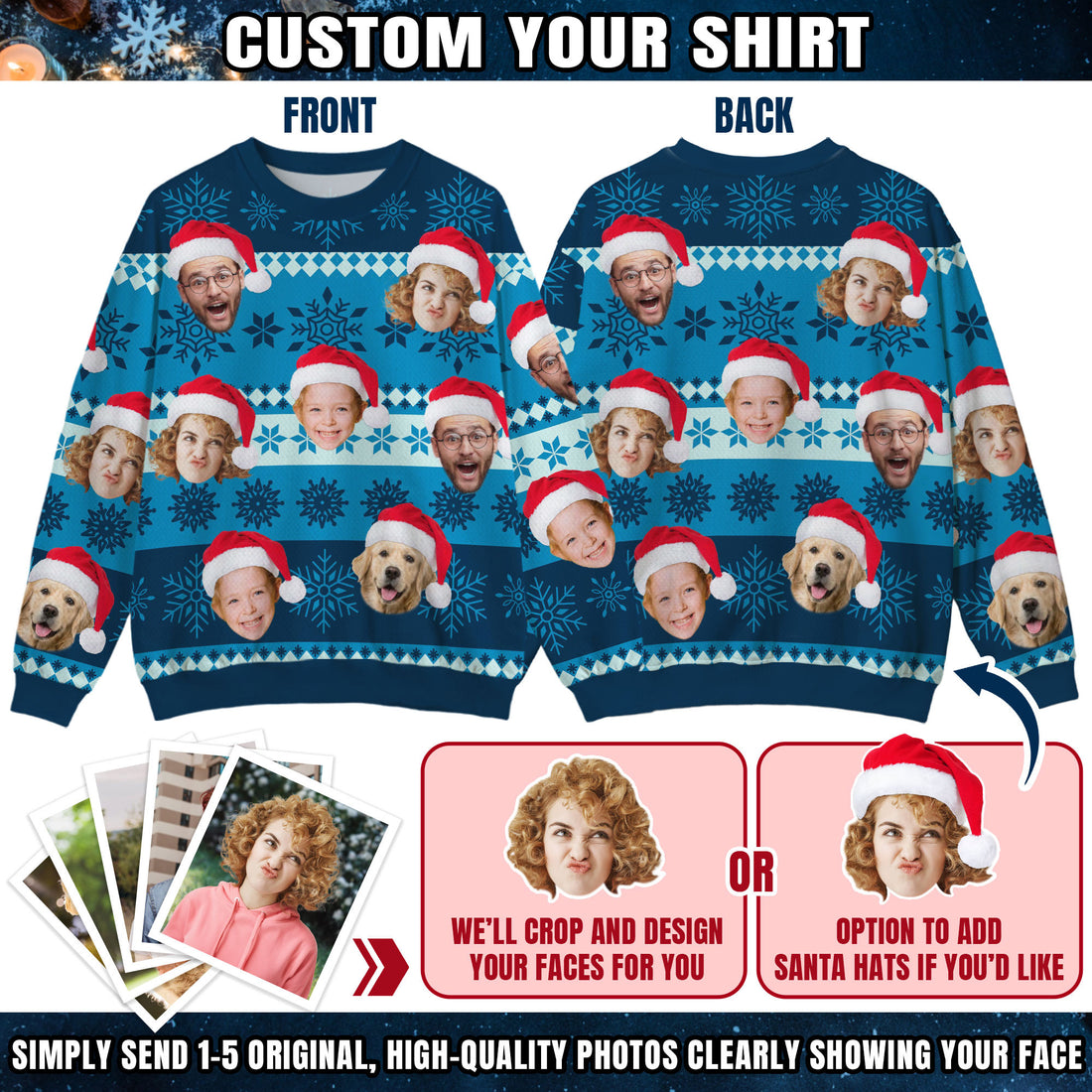 Custom Ugly Christmas Sweater for Men Women Couples Boyfriend Girlfriend Family Dad Mom, Custom Ugly Christmas Sweater with Face Photo, Personalized Sweatshirt with Picture Funny Xmas Gift ST14