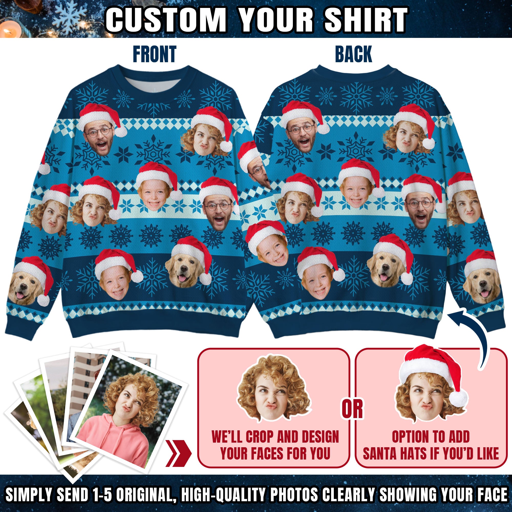 Custom Ugly Christmas Sweater for Men Women Couples Boyfriend Girlfriend Family Dad Mom, Custom Ugly Christmas Sweater with Face Photo, Personalized Sweatshirt with Picture Funny Xmas Gift ST14