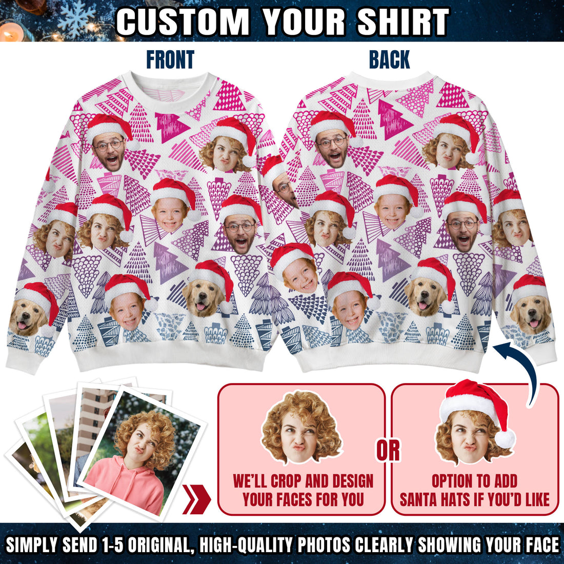 Custom Ugly Christmas Sweater for Men Women Couples Boyfriend Girlfriend Family Dad Mom, Custom Ugly Christmas Sweater with Face Photo, Personalized Sweatshirt with Picture Funny Xmas Gift ST15