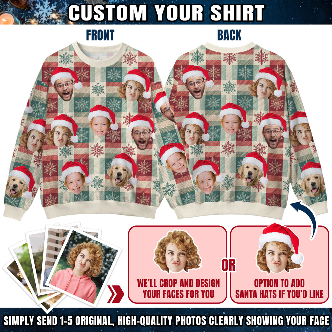 Custom Ugly Christmas Sweater for Men Women Couples Boyfriend Girlfriend Family Dad Mom, Custom Ugly Christmas Sweater with Face Photo, Personalized Sweatshirt with Picture Funny Xmas Gift ST16