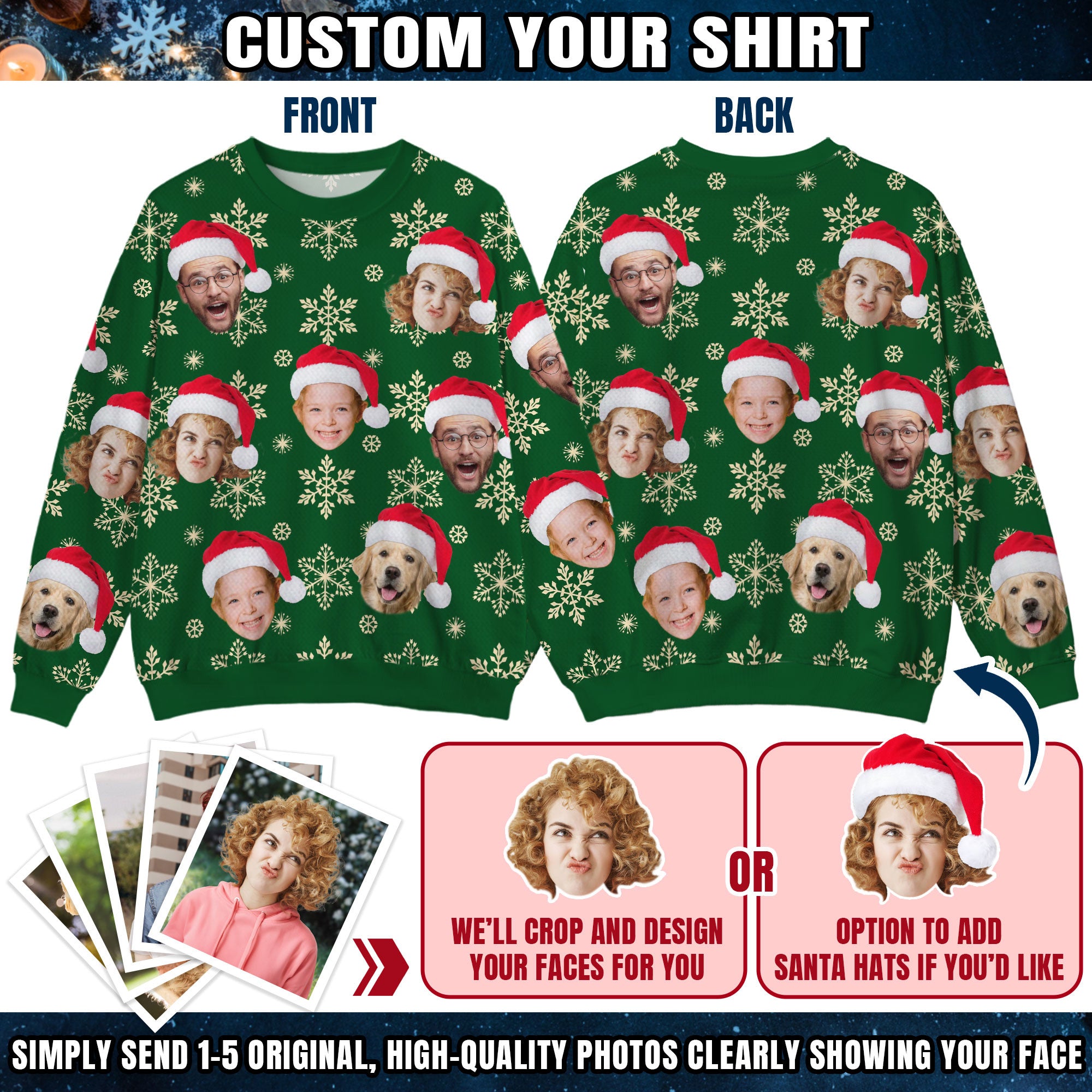 Custom Ugly Christmas Sweater for Men Women Couples Boyfriend Girlfriend Family Dad Mom, Custom Ugly Christmas Sweater with Face Photo, Personalized Sweatshirt with Picture Funny Xmas Gift ST17