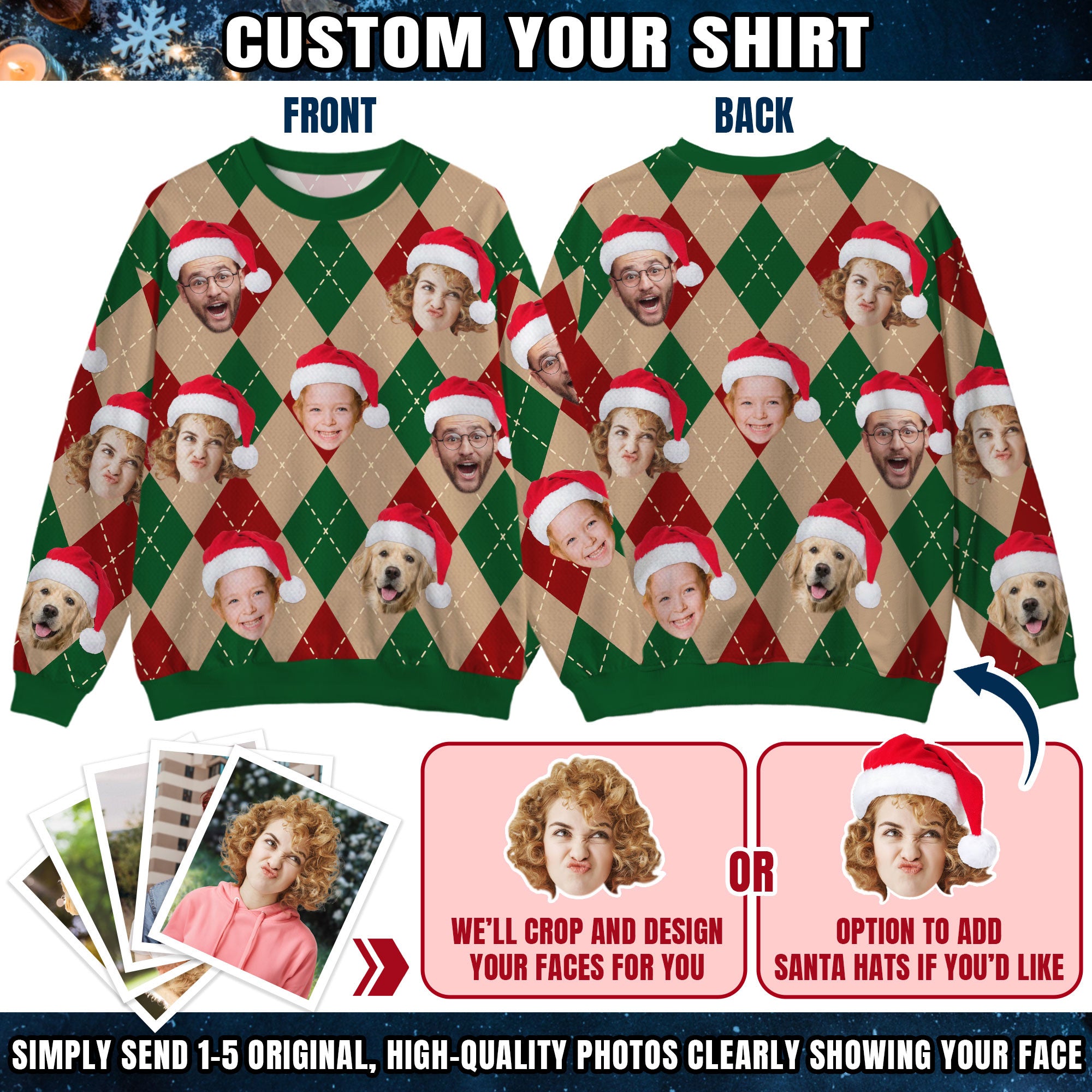 Custom Ugly Christmas Sweater for Men Women Couples Boyfriend Girlfriend Family Dad Mom, Custom Ugly Christmas Sweater with Face Photo, Personalized Sweatshirt with Picture Funny Xmas Gift ST18