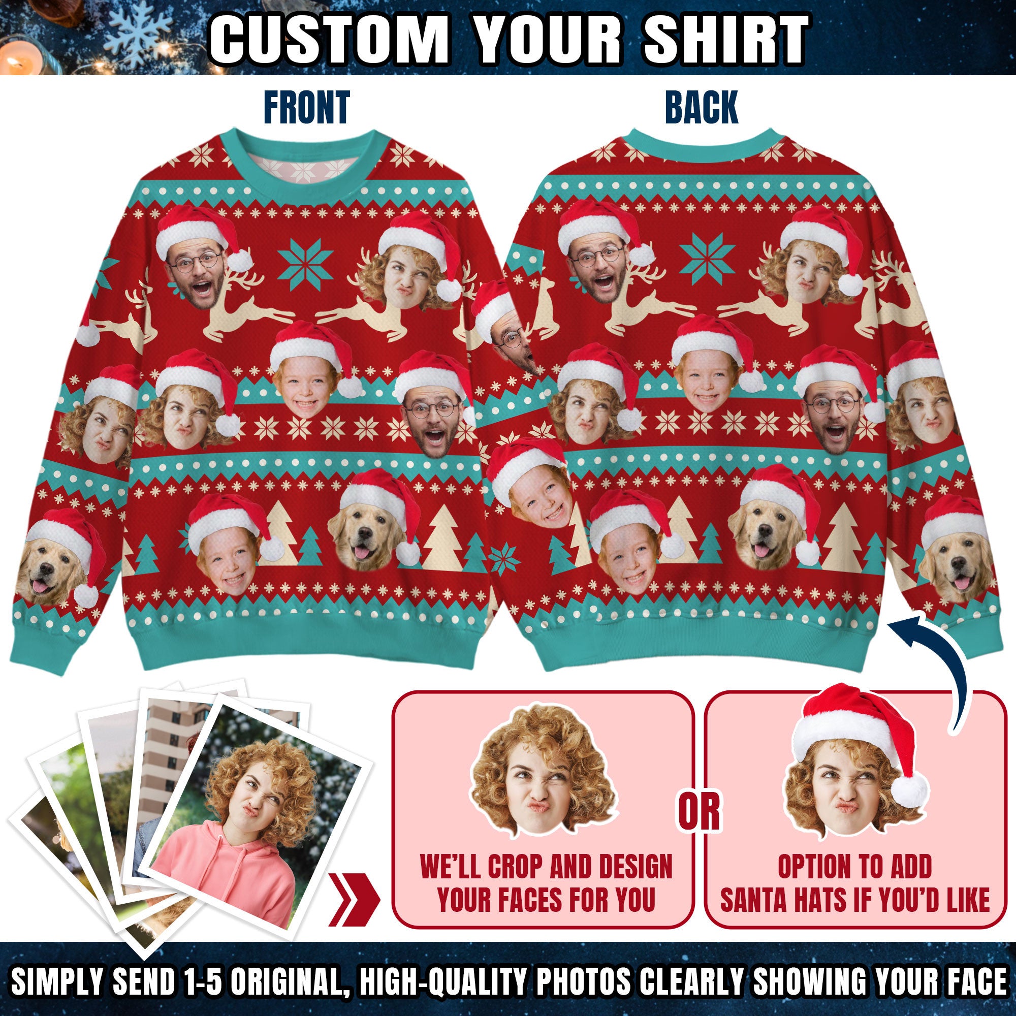 Custom Ugly Christmas Sweater for Men Women Couples Boyfriend Girlfriend Family Dad Mom, Custom Ugly Christmas Sweater with Face Photo, Personalized Sweatshirt with Picture Funny Xmas Gift ST19