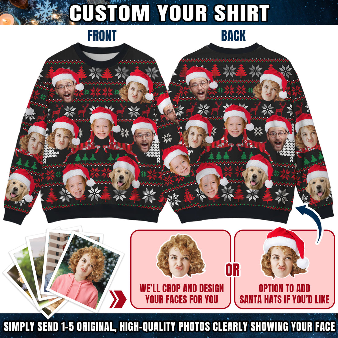 Custom Ugly Christmas Sweater for Men Women Couples Boyfriend Girlfriend Family Dad Mom, Custom Ugly Christmas Sweater with Face Photo, Personalized Sweatshirt with Picture Funny Xmas Gift ST23