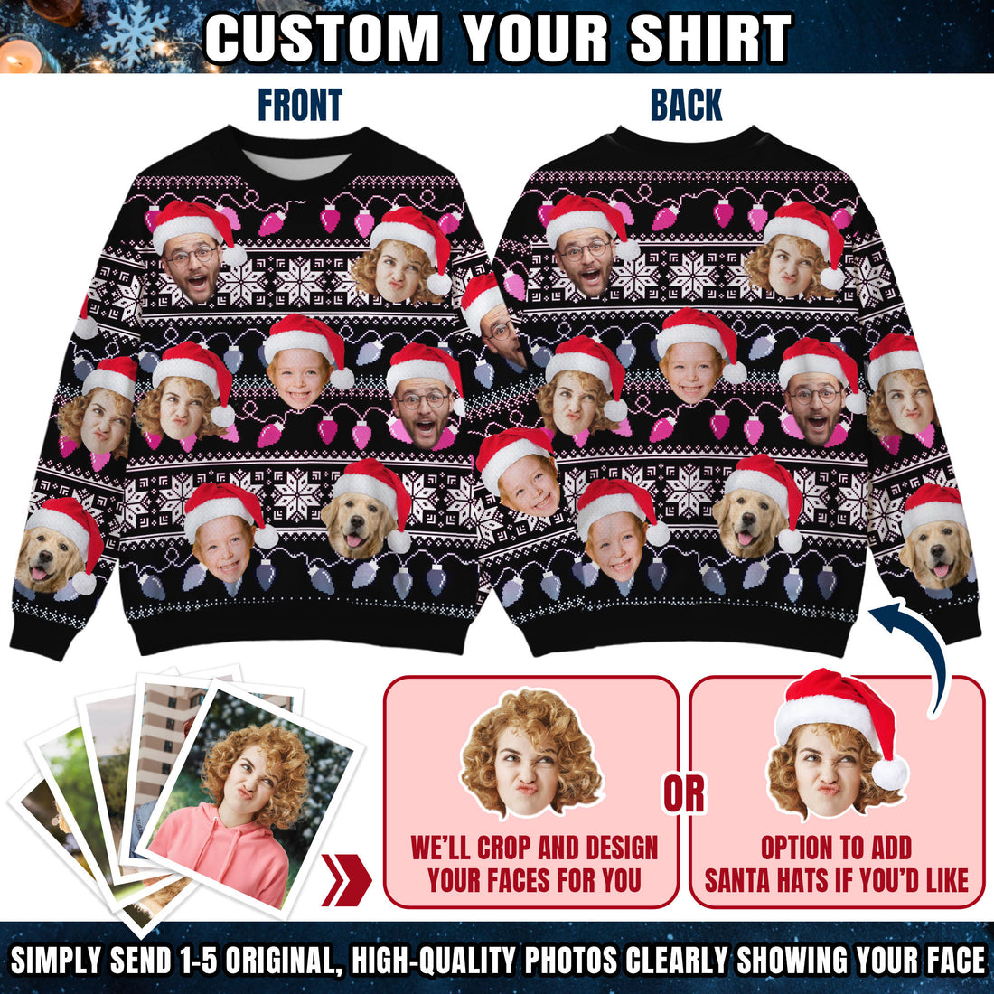 Custom Ugly Christmas Sweater for Men Women Couples Boyfriend Girlfriend Family Dad Mom, Custom Ugly Christmas Sweater with Face Photo, Personalized Sweatshirt with Picture Funny Xmas Gift ST25