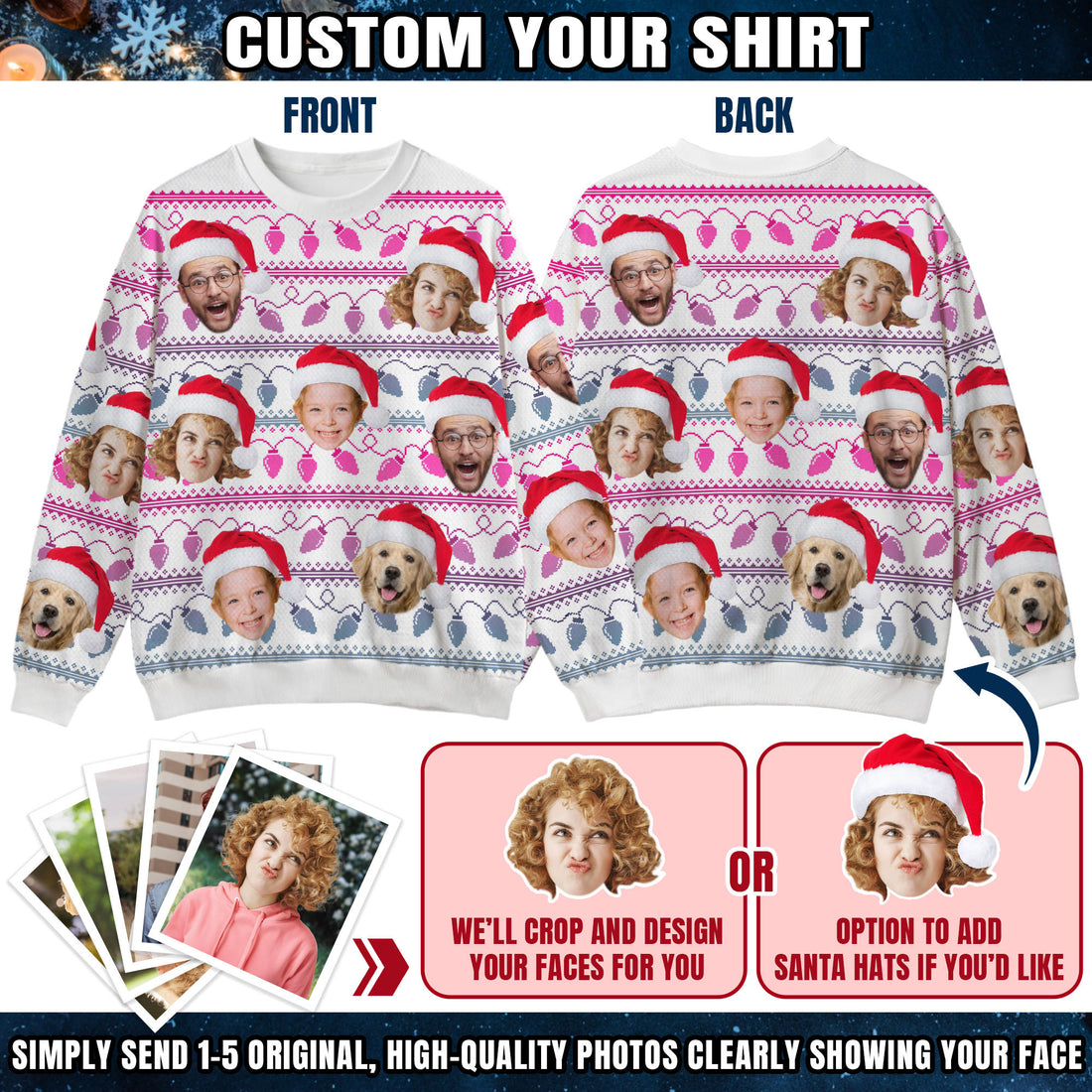 Custom Ugly Christmas Sweater for Men Women Couples Boyfriend Girlfriend Family Dad Mom, Custom Ugly Christmas Sweater with Face Photo, Personalized Sweatshirt with Picture Funny Xmas Gift ST26