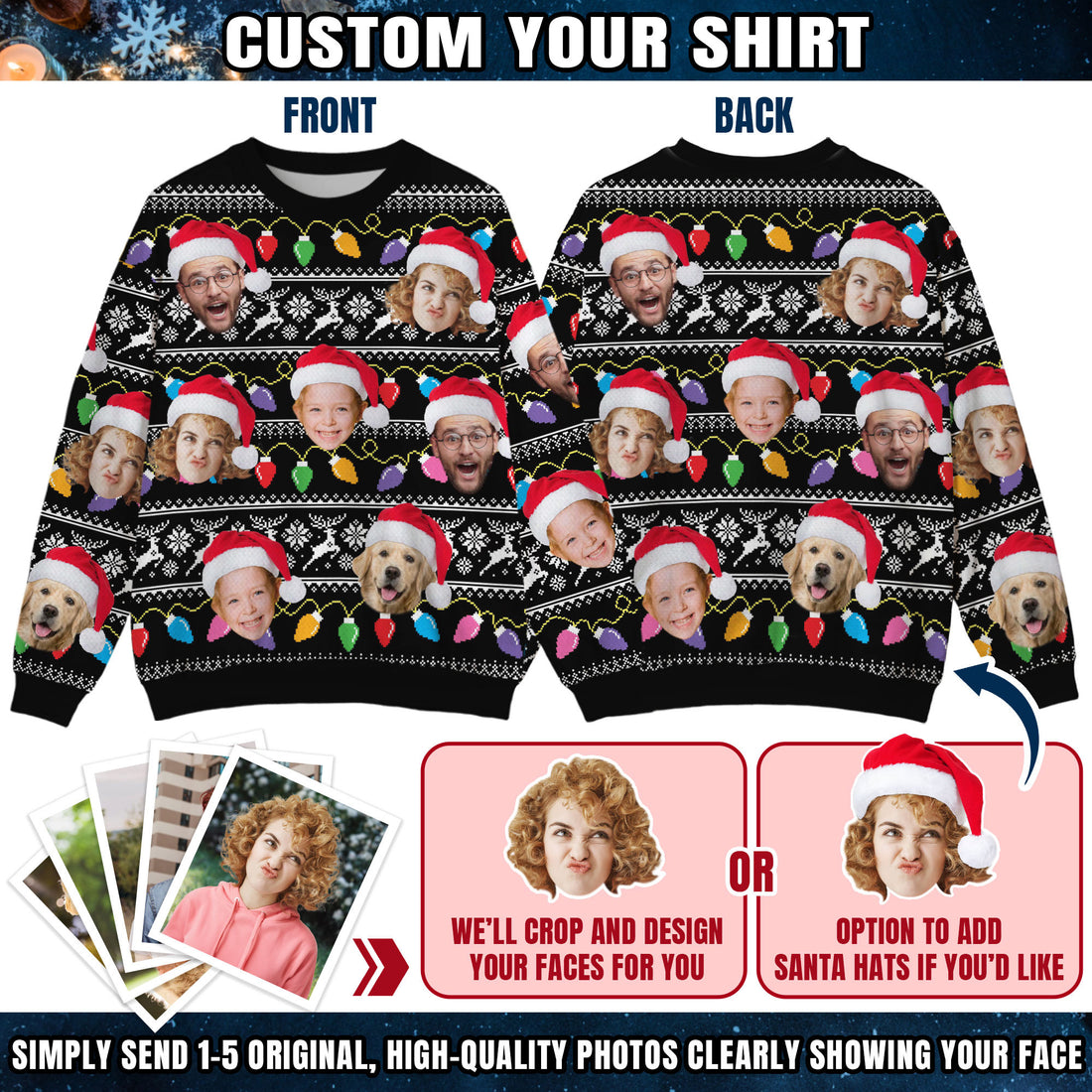 Custom Ugly Christmas Sweater for Men Women Couples Boyfriend Girlfriend Family Dad Mom, Custom Ugly Christmas Sweater with Face Photo, Personalized Sweatshirt with Picture Funny Xmas Gift ST27
