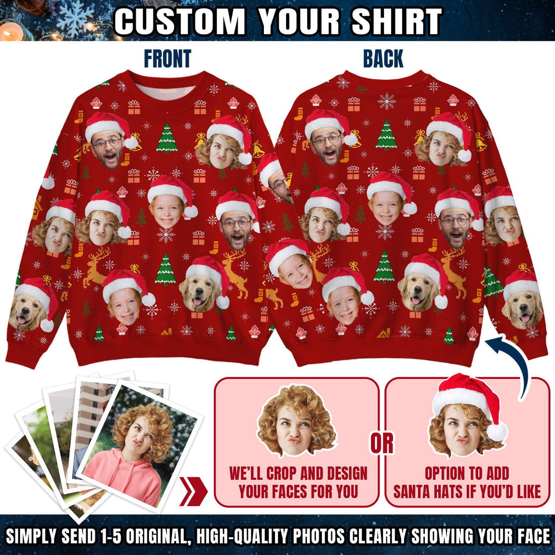 Custom Ugly Christmas Sweater for Men Women Couples Boyfriend Girlfriend Family Dad Mom, Custom Ugly Christmas Sweater with Face Photo, Personalized Sweatshirt with Picture Funny Xmas Gift ST30