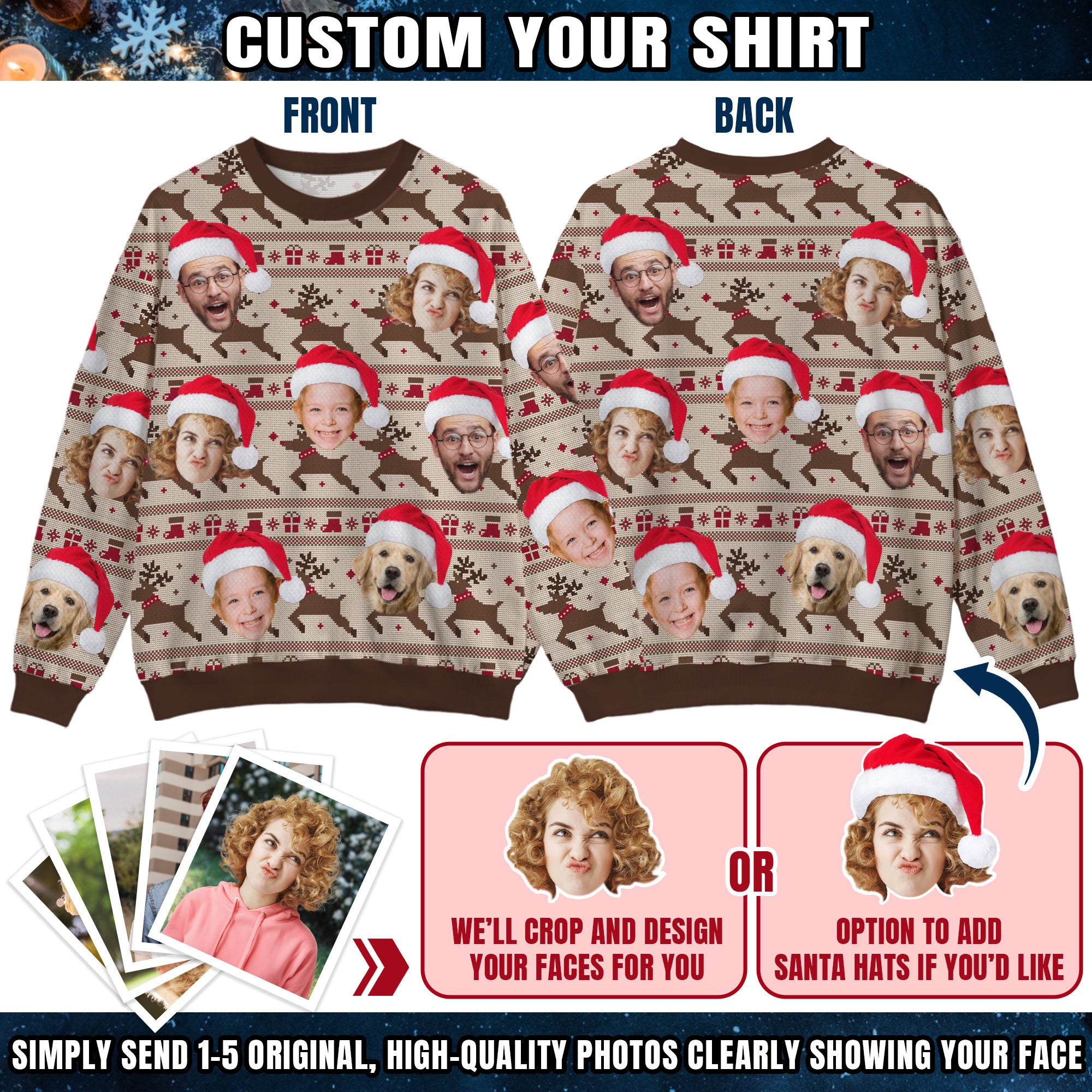 Custom Ugly Christmas Sweater for Men Women Couples Boyfriend Girlfriend Family Dad Mom, Custom Ugly Christmas Sweater with Face Photo, Personalized Sweatshirt with Picture Funny Xmas Gift ST31