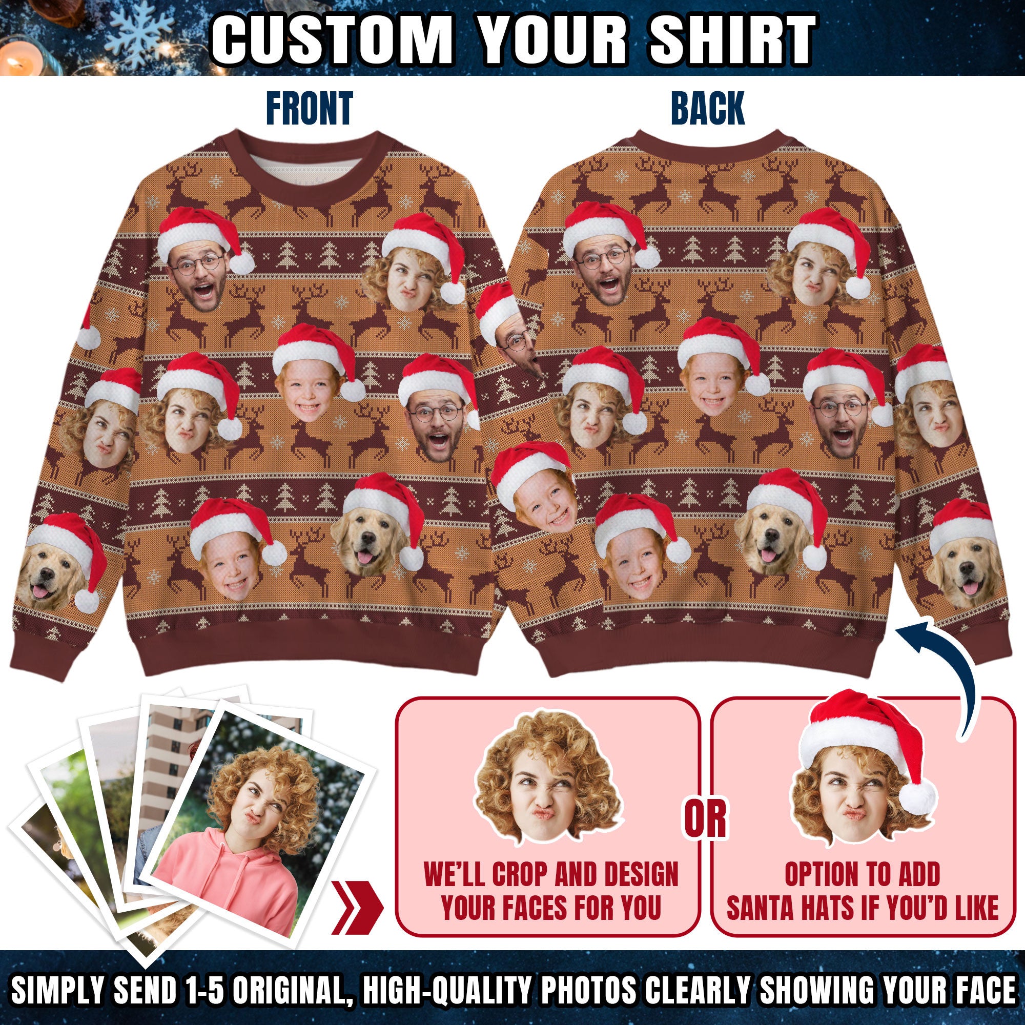 Custom Ugly Christmas Sweater for Men Women Couples Boyfriend Girlfriend Family Dad Mom, Custom Ugly Christmas Sweater with Face Photo, Personalized Sweatshirt with Picture Funny Xmas Gift ST32