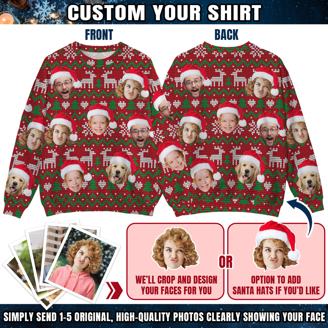 Custom Ugly Christmas Sweater for Men Women Couples Boyfriend Girlfriend Family Dad Mom, Custom Ugly Christmas Sweater with Face Photo, Personalized Sweatshirt with Picture Funny Xmas Gift ST33