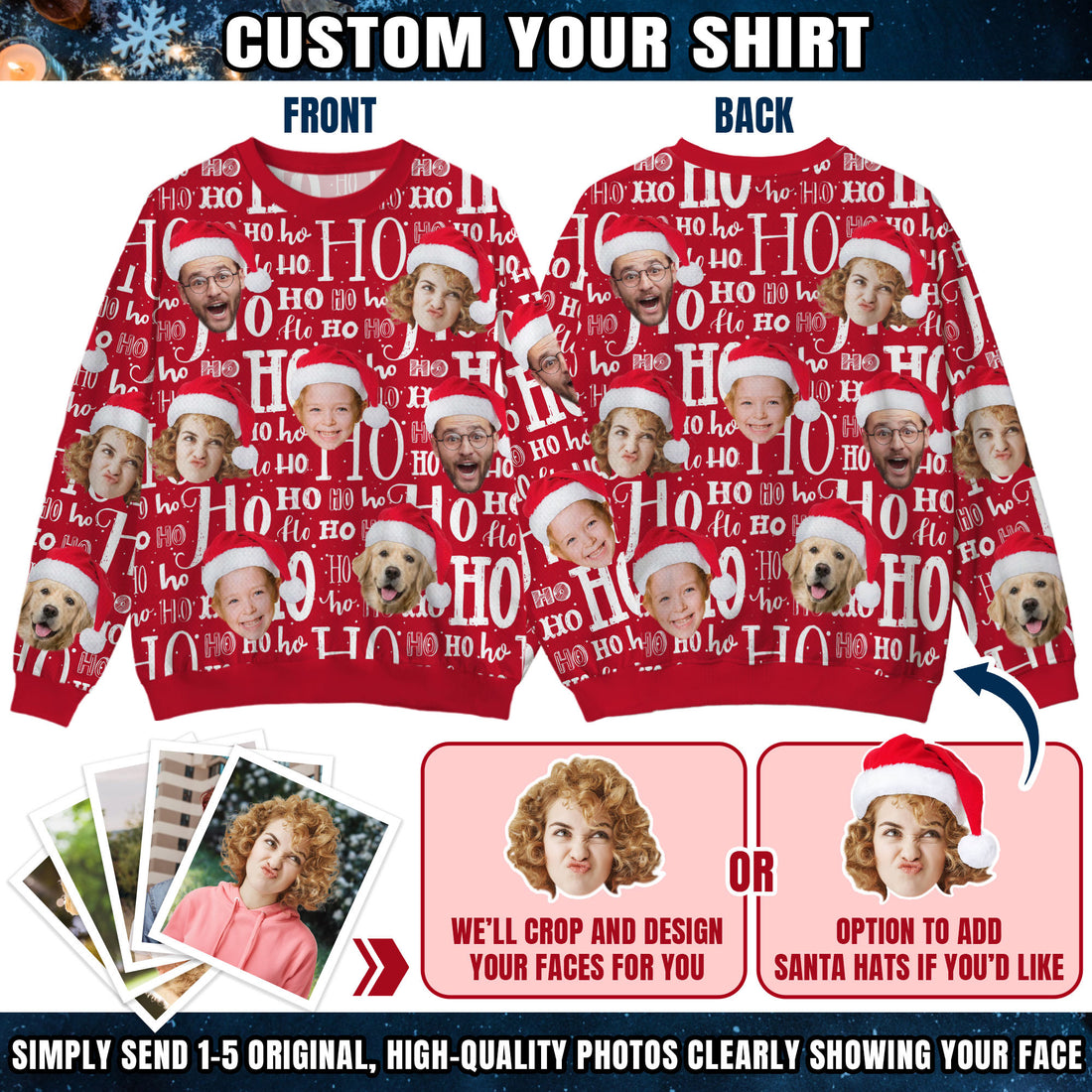 Custom Ugly Christmas Sweater for Men Women Couples Boyfriend Girlfriend Family Dad Mom, Custom Ugly Christmas Sweater with Face Photo, Personalized Sweatshirt with Picture Funny Xmas Gift ST34